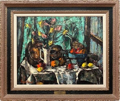 "Nature morte à la guitare" Peinture à l'huile moderne du milieu du siècle avec fruits et guitare