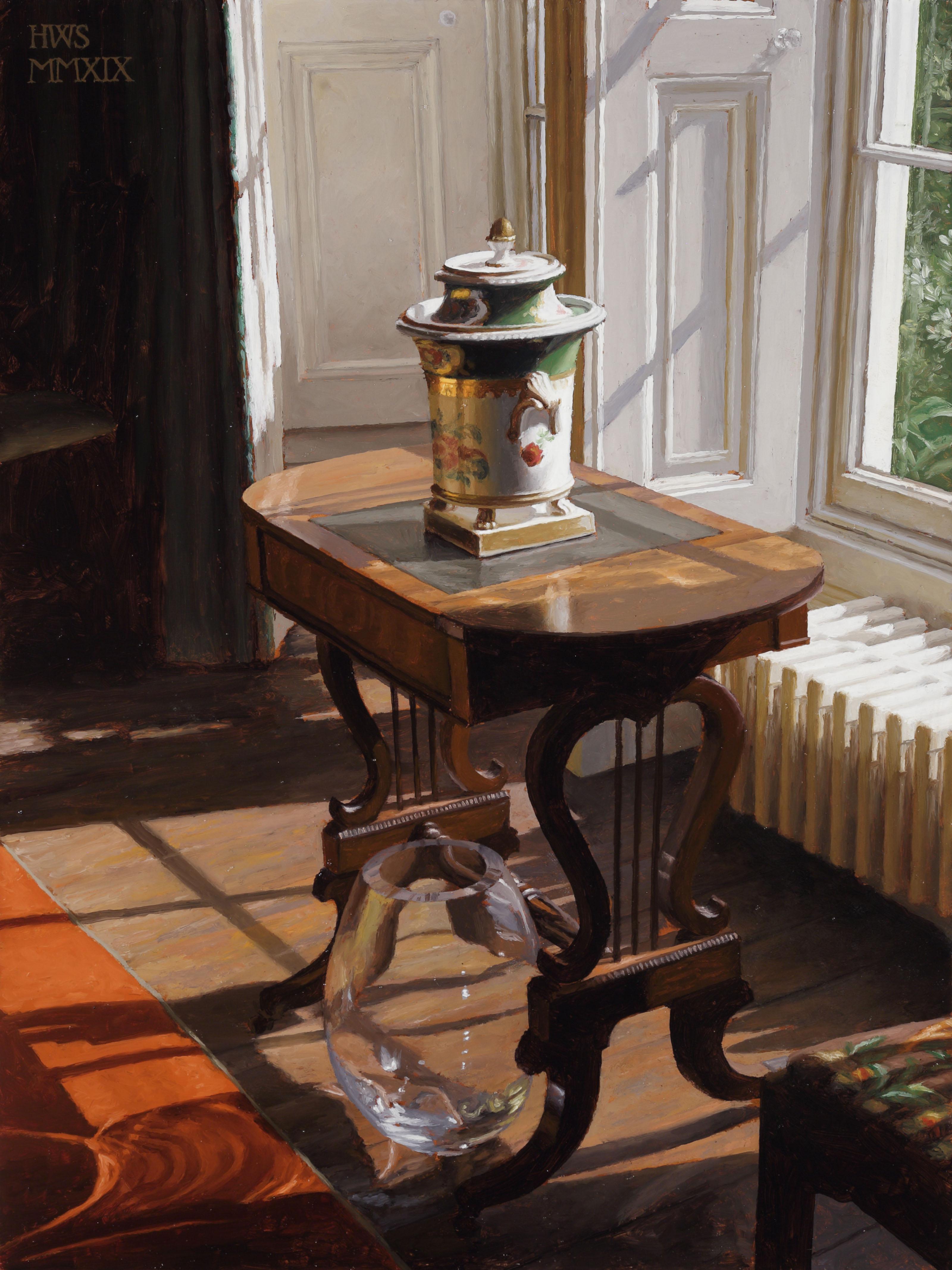 Harry Steen Figurative Painting - House in Wales - Urn in Library - Interior - Contemporary