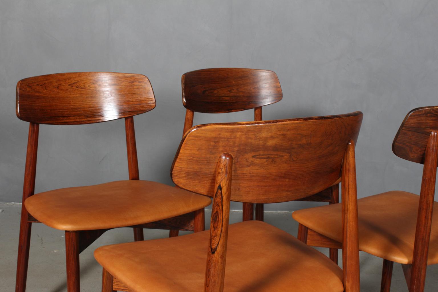 Scandinavian Modern Harry Østergaard, four Chairs in Rosewood and Tan Aniline Leather, 1970s