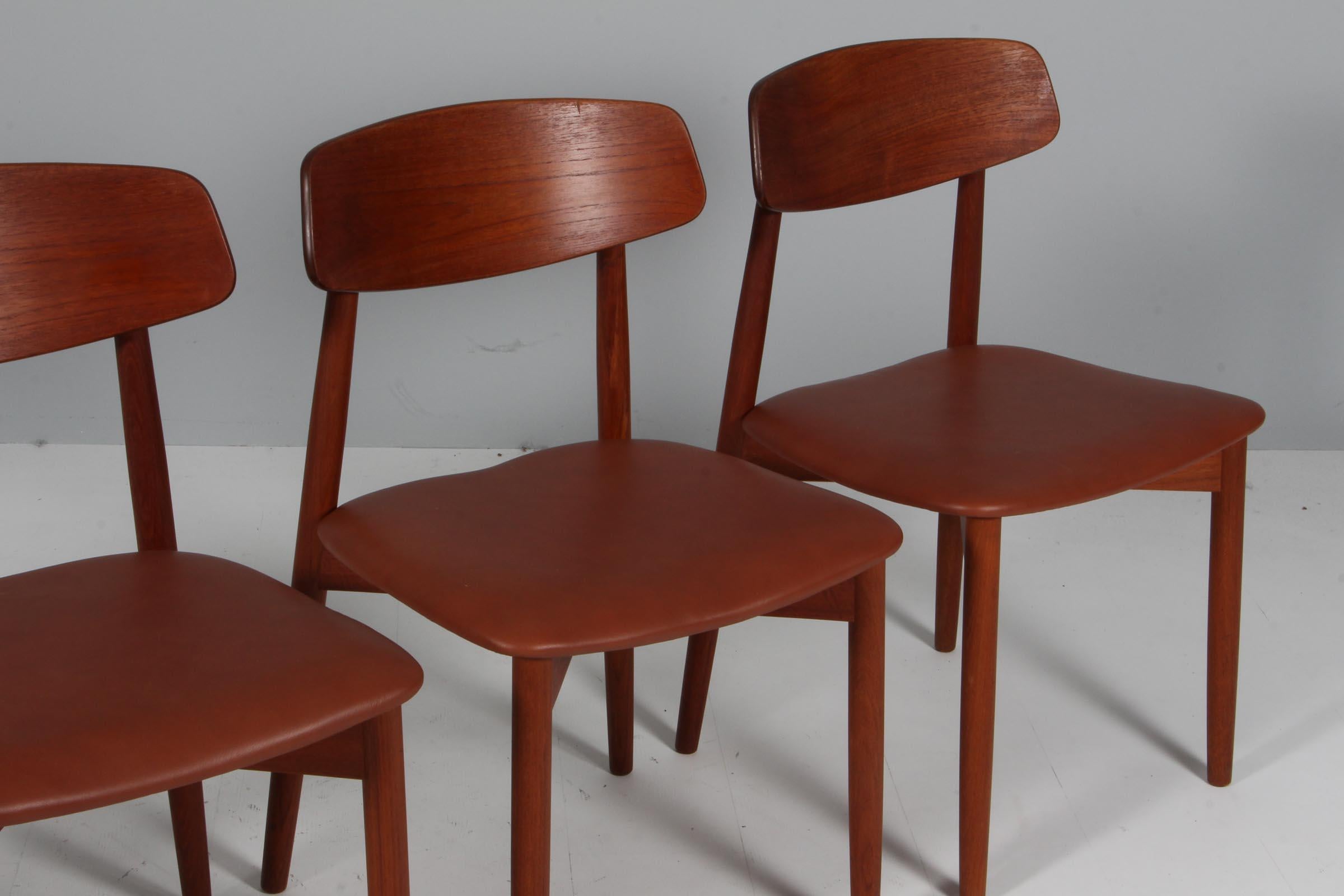 Scandinavian Modern Harry Østergaard, four Chairs in tak and Tan Aniline Leather, 1970s