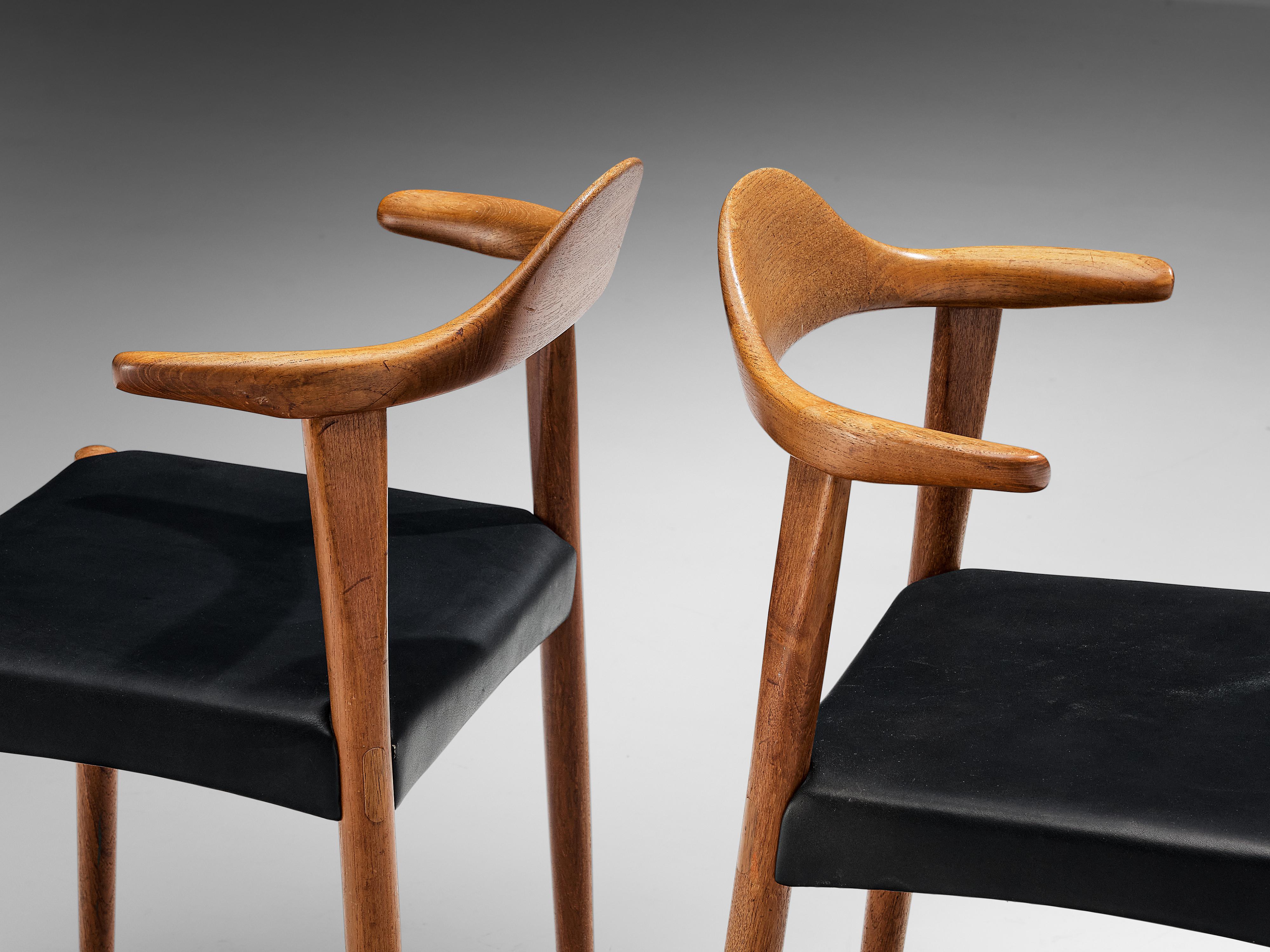 Faux Leather Harry Østergaard Pair of 'Bull Horn' Dining Chairs in Teak  For Sale