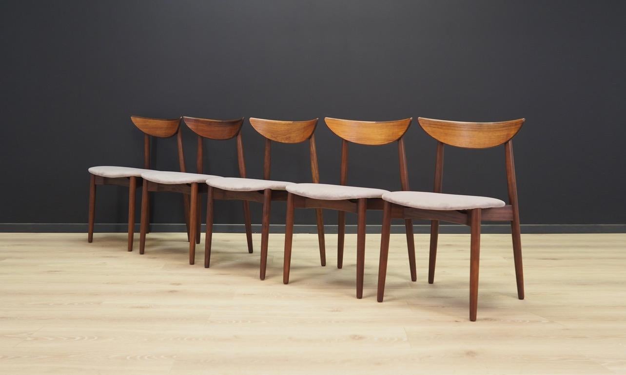 Set of five chairs from the 1960s-1970s. Model 58 - minimalistic form, excellent workmanship. Designed by Harry Østergaard for Randers Møbelfabrik. Construction is made of rosewood. Original upholstery made of grey velour. Maintained in good