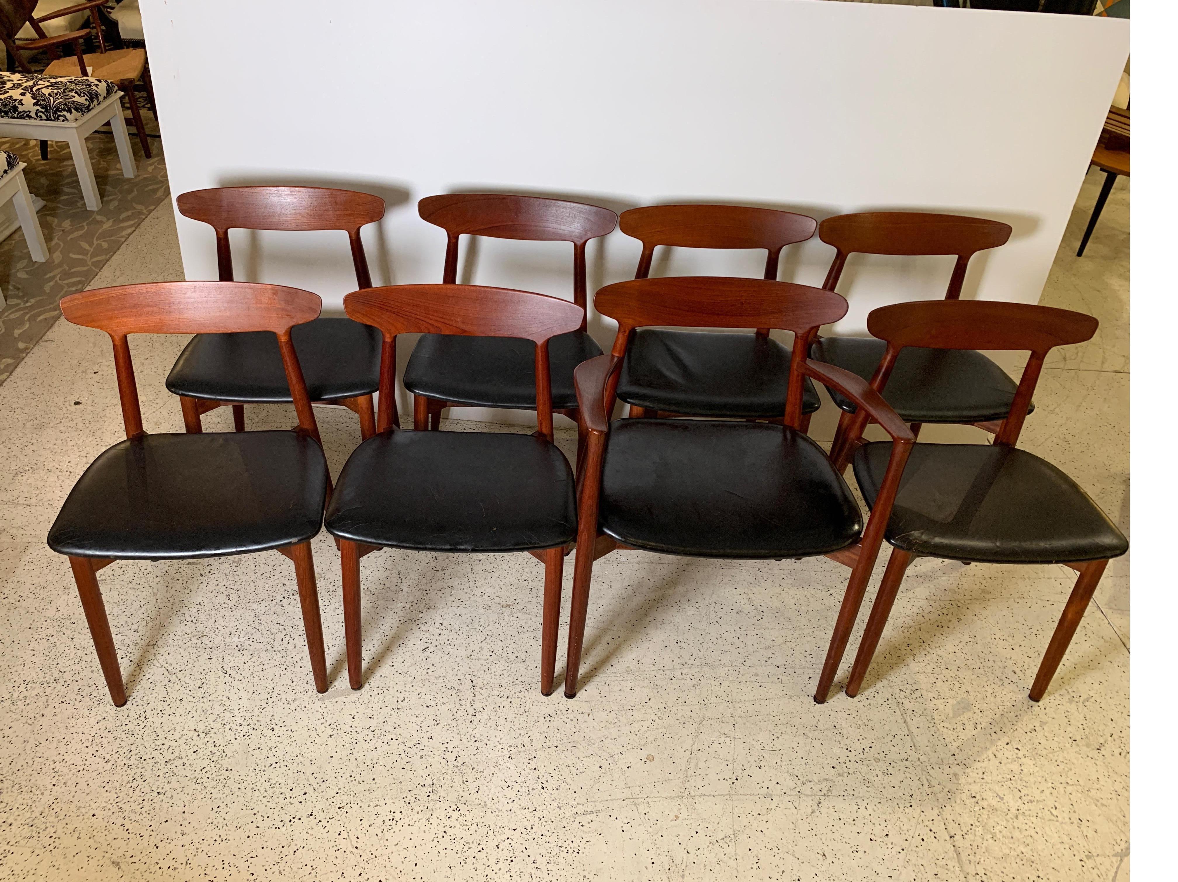 Scandinavian Modern Harry Østergaard Set of Eight Teak and Leather Dining Chairs, Denmark, 1958
