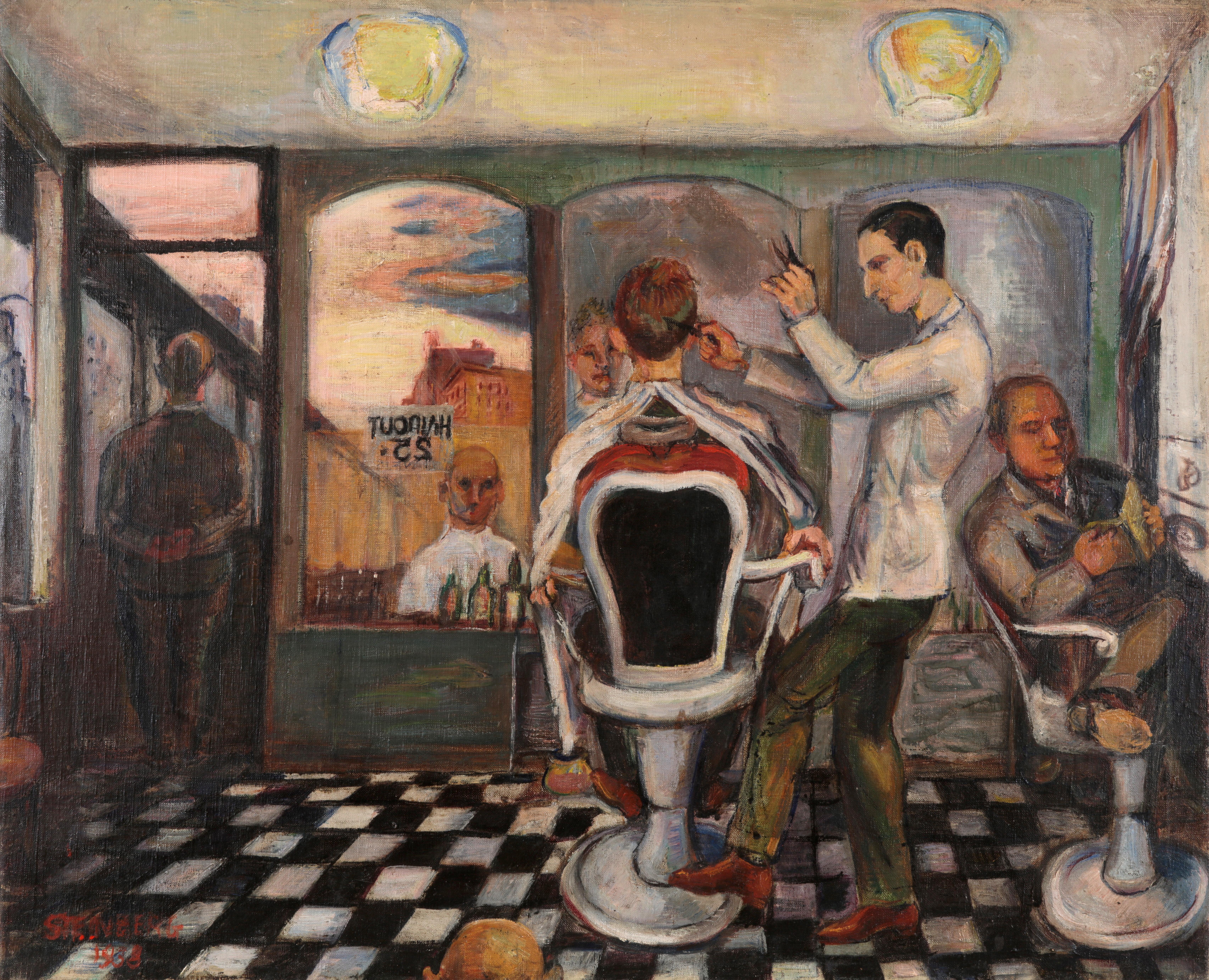 Harry Sternberg Figurative Painting - "Barber Shop" Mid 20th Century American Scene Social Realism WPA Modernism NYC