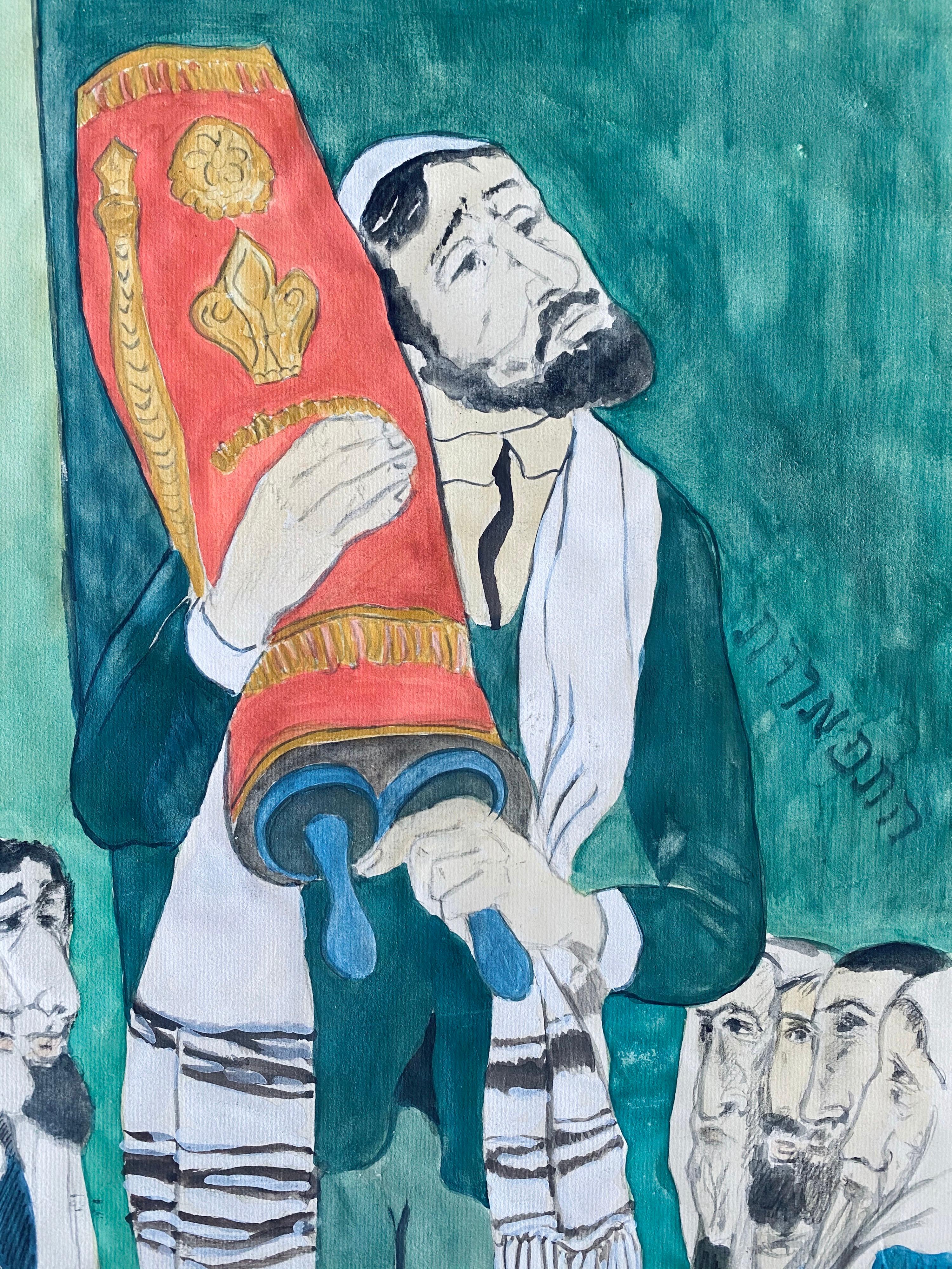 Rabino Modernista En Sinagoga Judaica Acuarela Harry Sternberg en venta 2