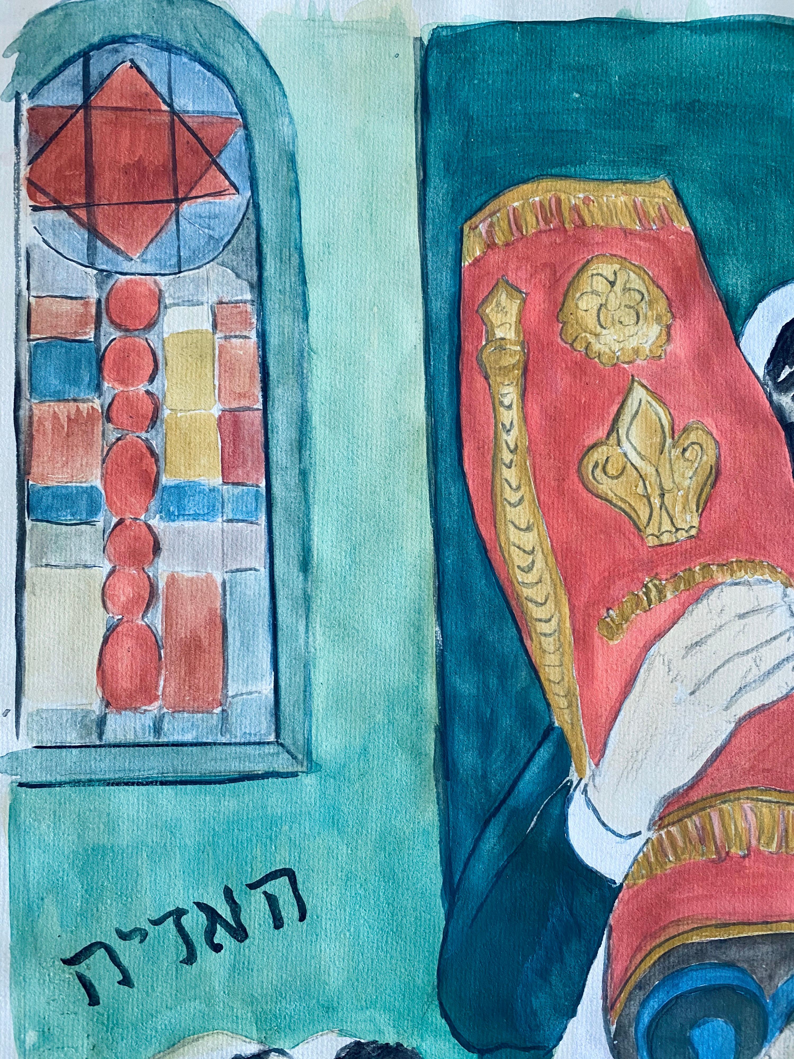 Modernist Rabbi In Synagogue Judaica Watercolor Harry Sternberg  For Sale 1