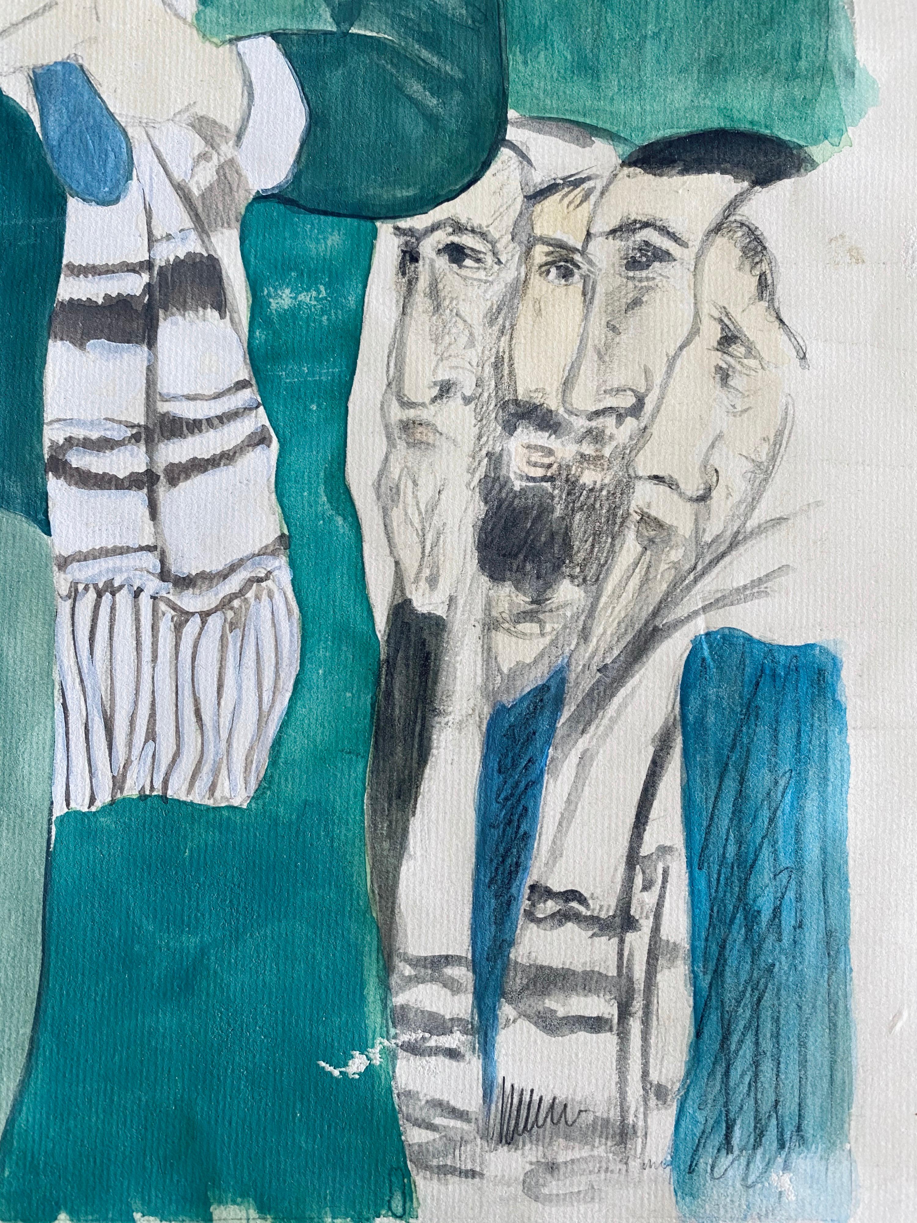 Modernist Rabbi In Synagogue Judaica Watercolor Harry Sternberg  For Sale 2