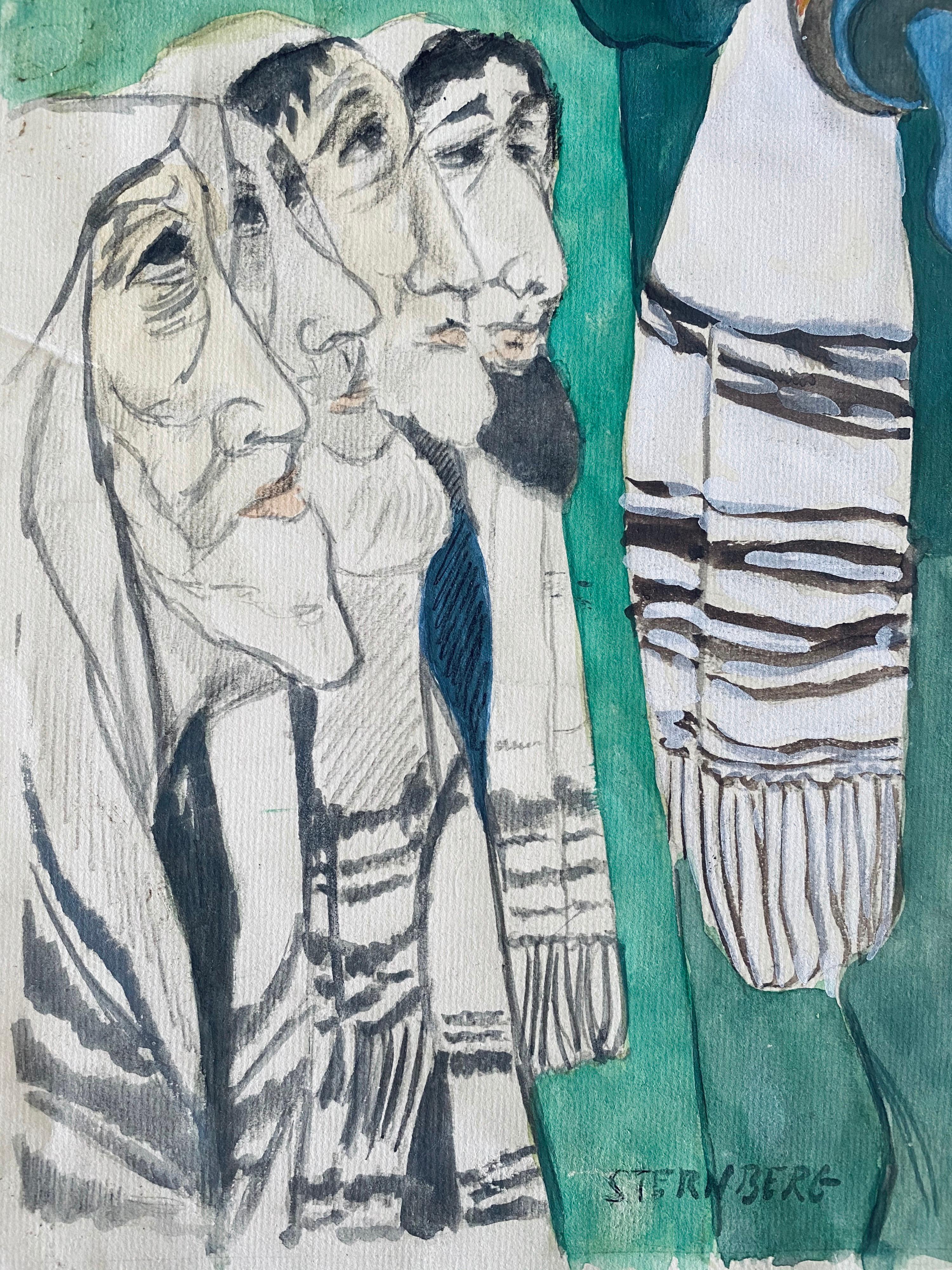 Modernist Rabbi In Synagogue Judaica Watercolor Harry Sternberg  For Sale 3