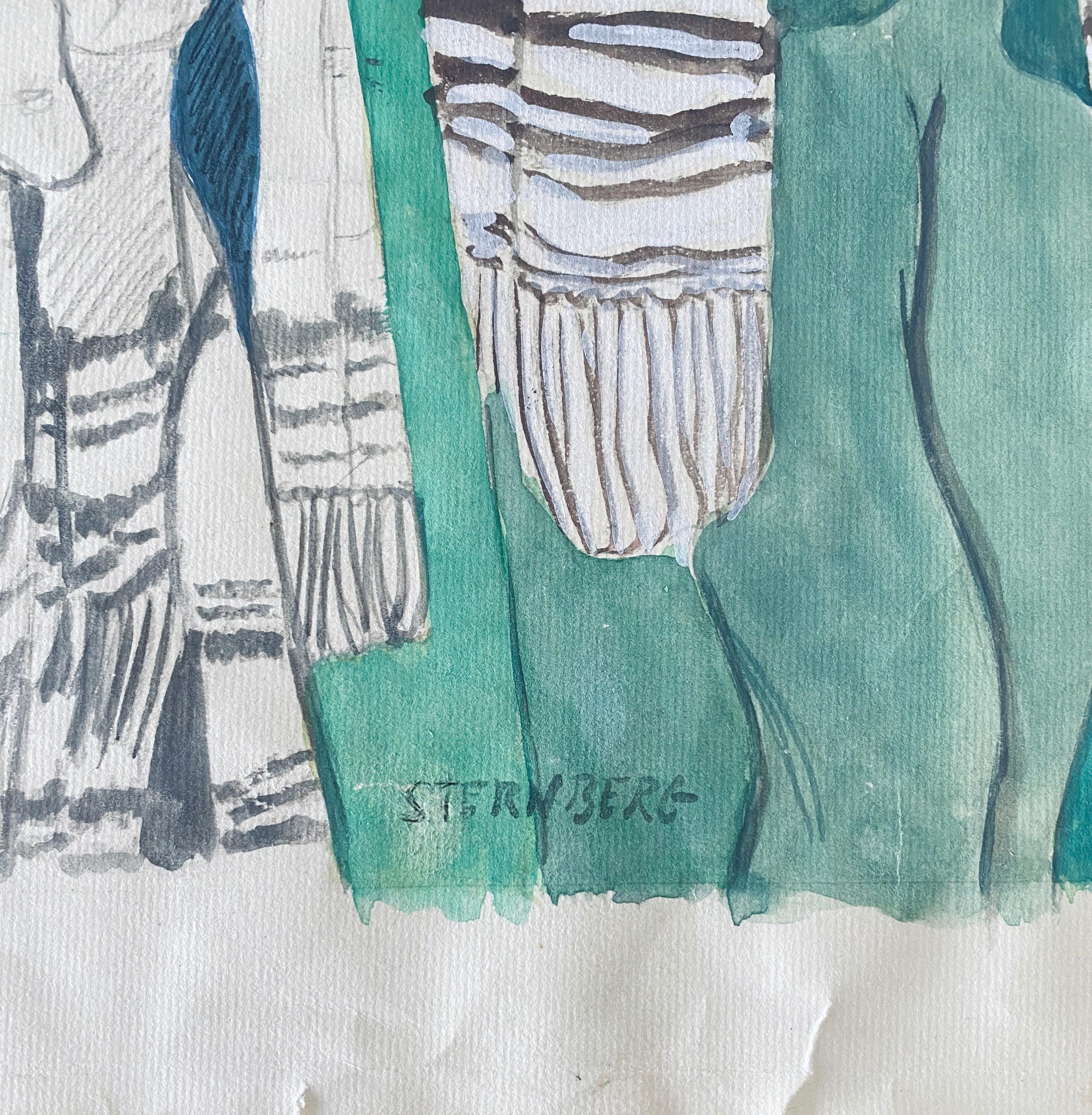 Rabino Modernista En Sinagoga Judaica Acuarela Harry Sternberg en venta 6
