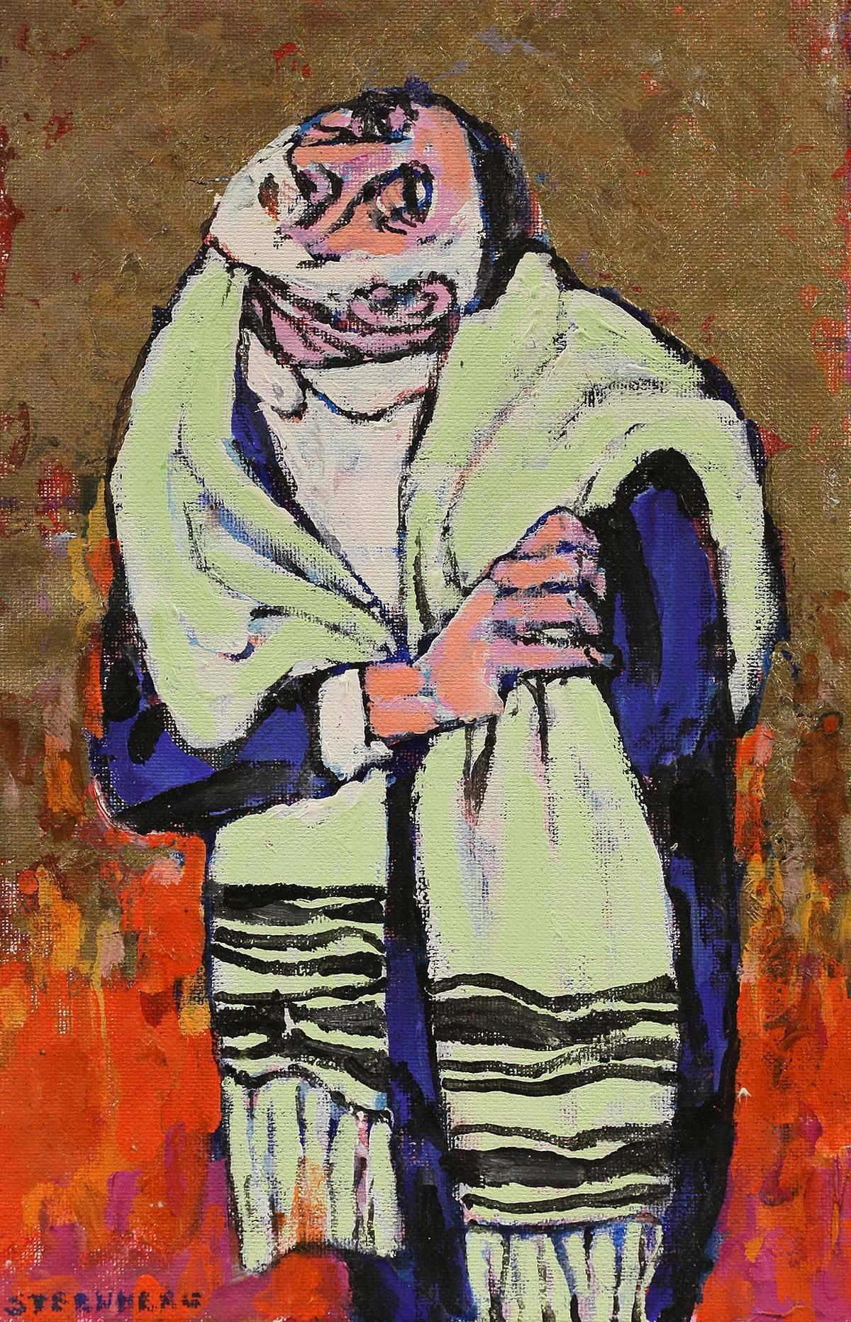 Harry Sternberg Figurative Painting - Modernist Rabbi Judaica Painting on Gold Background