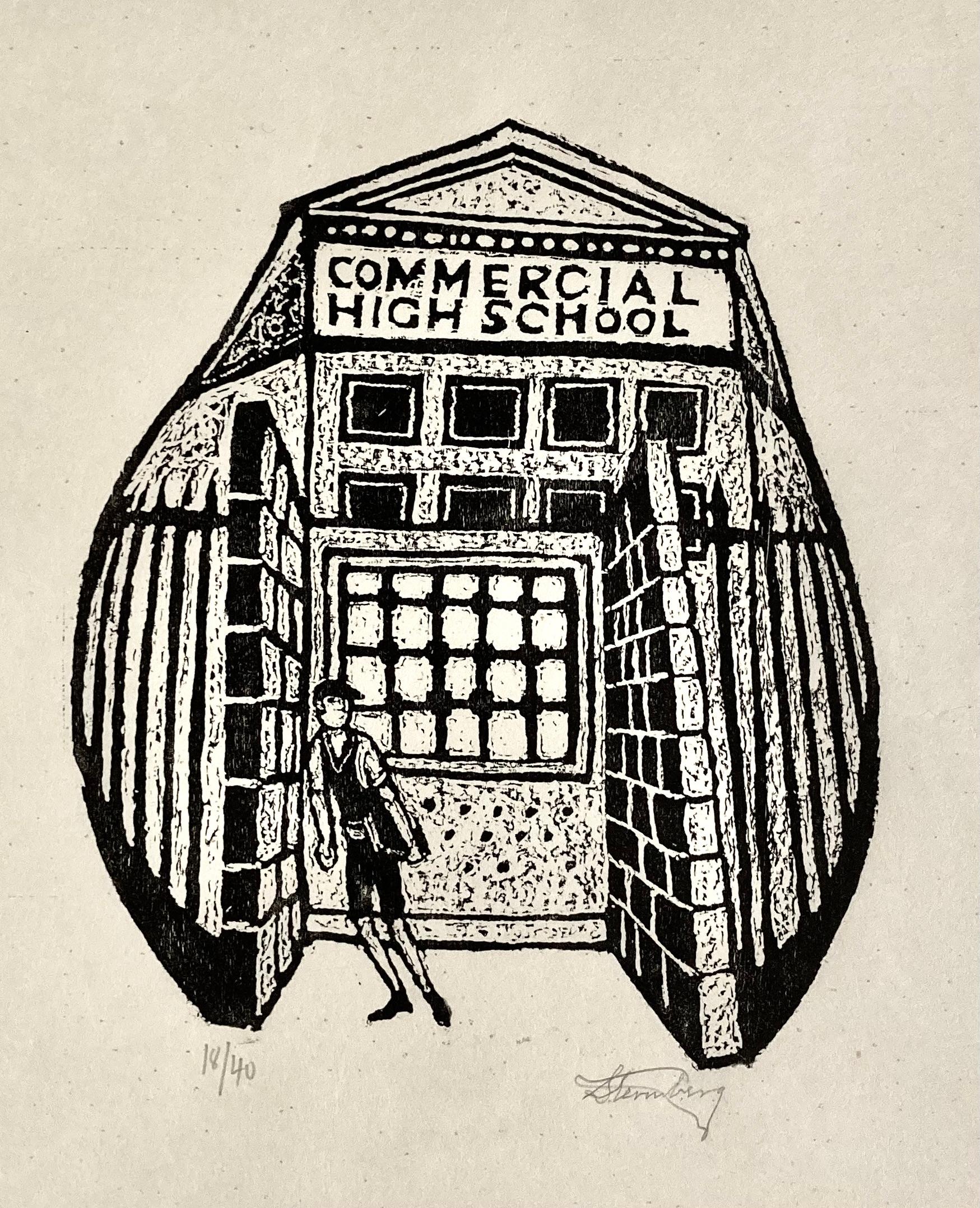 Harry Sternberg, Commercial High School from My Life in Woodcuts (Ma vie en gravure sur bois), 1991 en vente 1