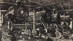 Gravure originale au crayon signée Harry Sternberg, 1929, « Roundhouse #1 ».