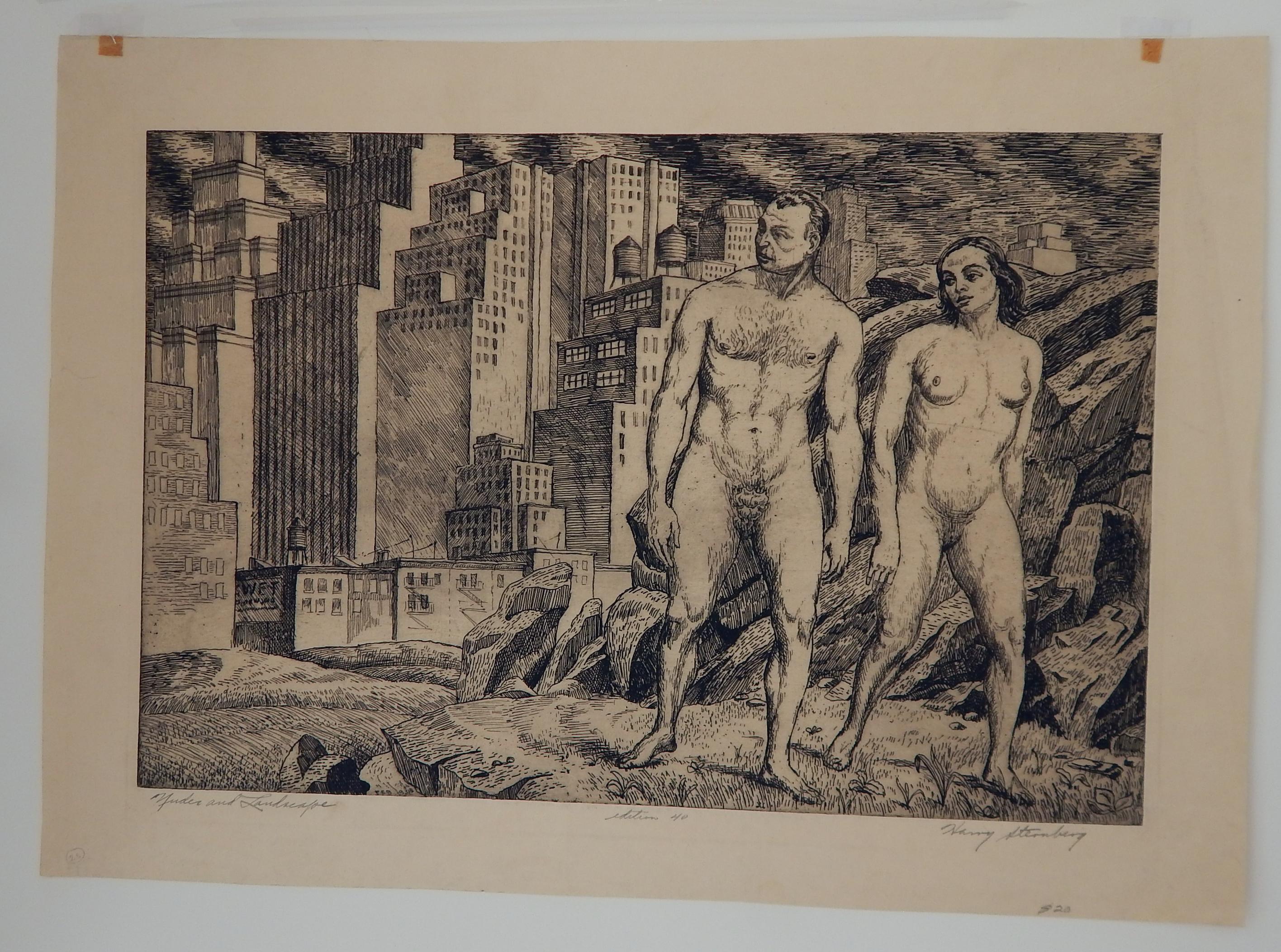 Harry Sternberg Pencil Signed Etching, 1931, New York City “Nudes in Landscape
