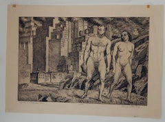 Eau-forte au crayon signée Harry Sternberg, 1931, New York City, « Nudes in Landscape » (Nus dans le paysage)