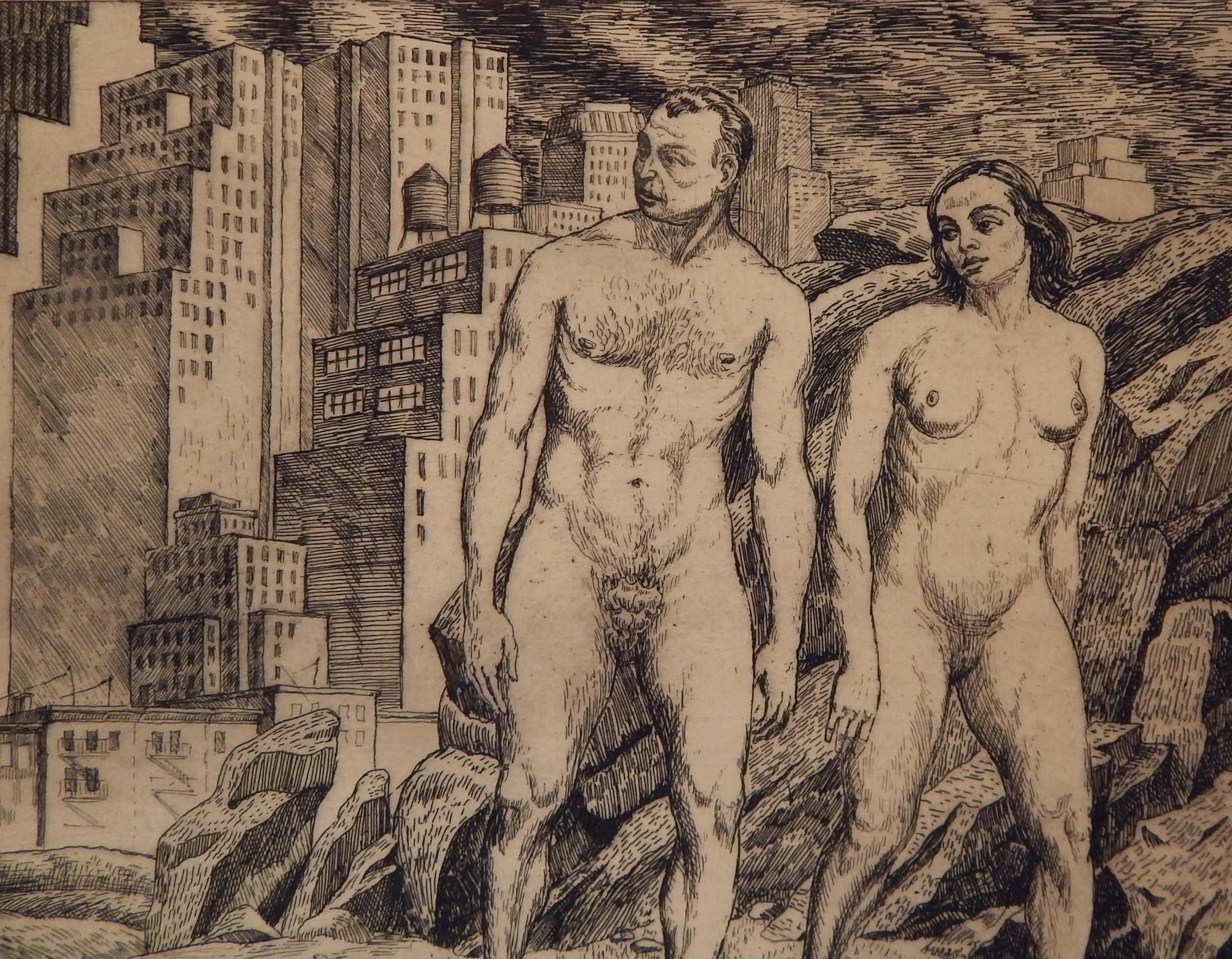 Harry Sternberg Pencil Signed Etching, 1931, New York City “Nudes in Landscape
