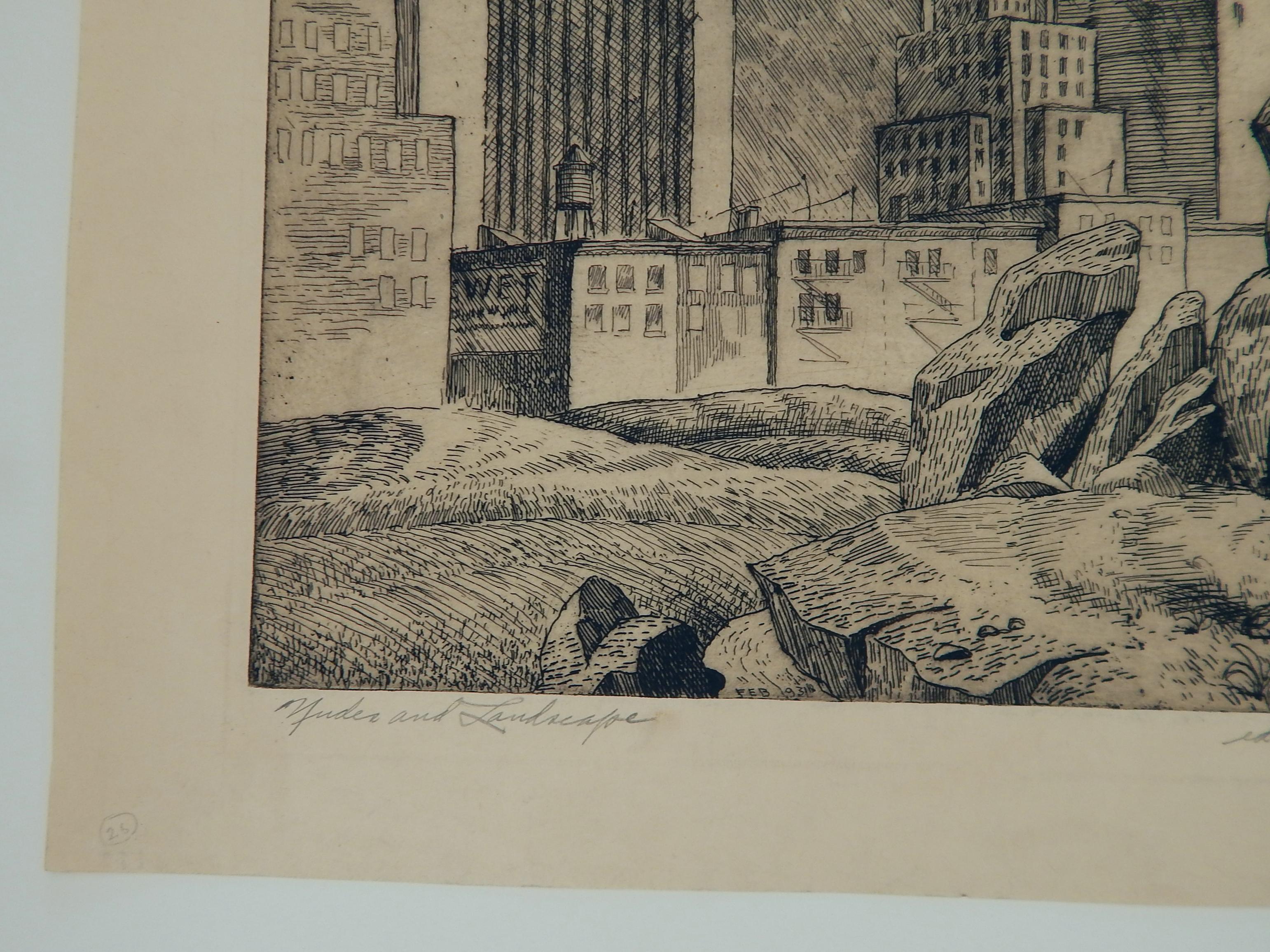 Harry Sternberg Pencil Signed Etching, 1931, New York City “Nudes in Landscape