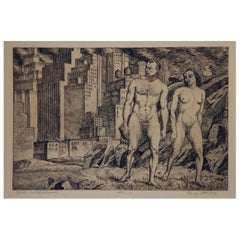 Eau-forte au crayon signée Harry Sternberg, 1931, New York City, « Nudes in Landscape » (Nus dans le paysage)