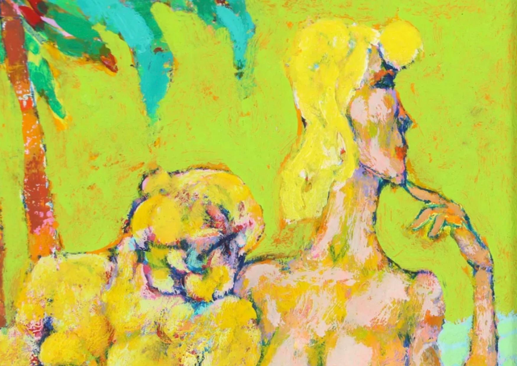 Mid Century Modern Harry Sternberg Abstract Semi-Nude Oil Painting Of Poolside Couple. C.1956