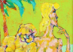 Harry Sternberg Peinture abstraite à l'huile d'un couple semi-nu au bord d'une piscine