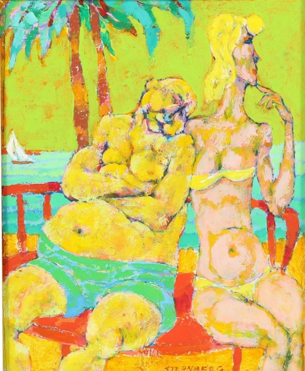 Mid-Century Modern Harry Sternberg Abstract Semi-Nude Oil Painting Of Poolside Couple  For Sale