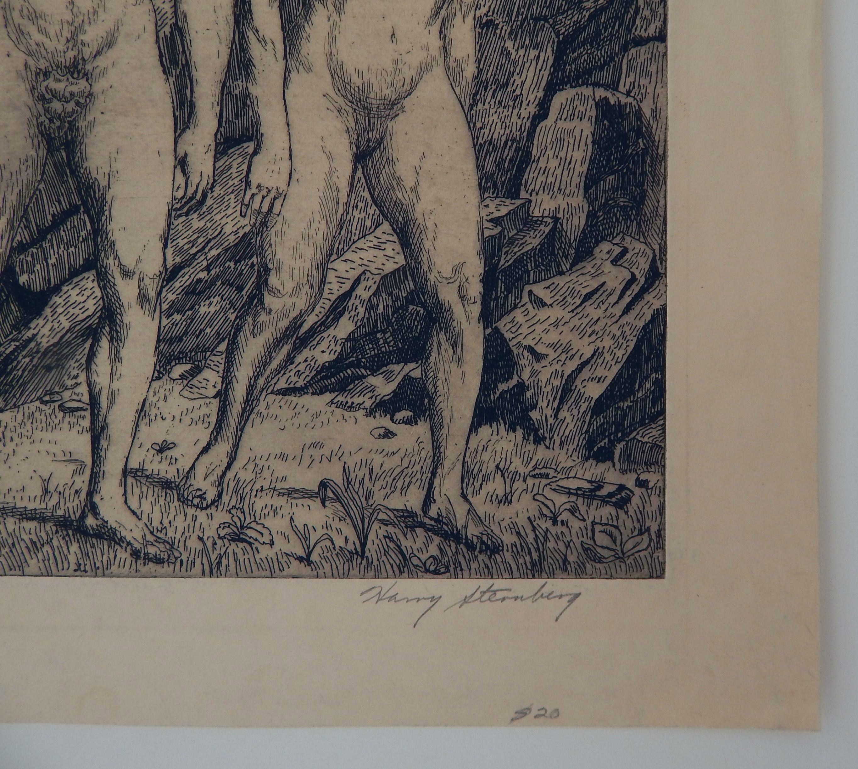 Harry Sternberg Pencil Signed Etching, 1931, New York City “Nudes in Landscape