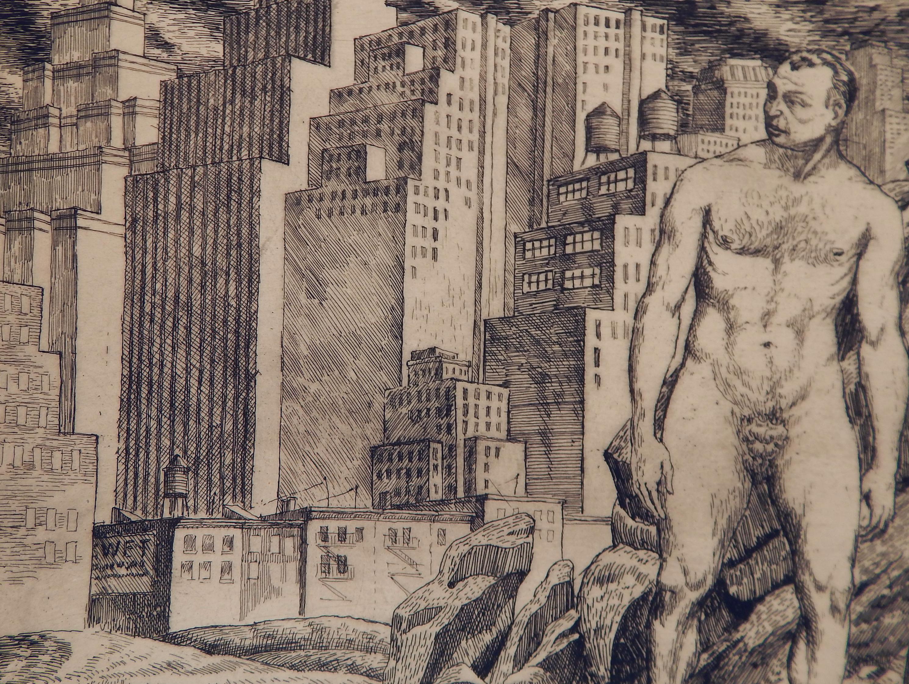 Harry Sternberg Pencil Signed Etching, 1931, New York City “Nudes in Landscape