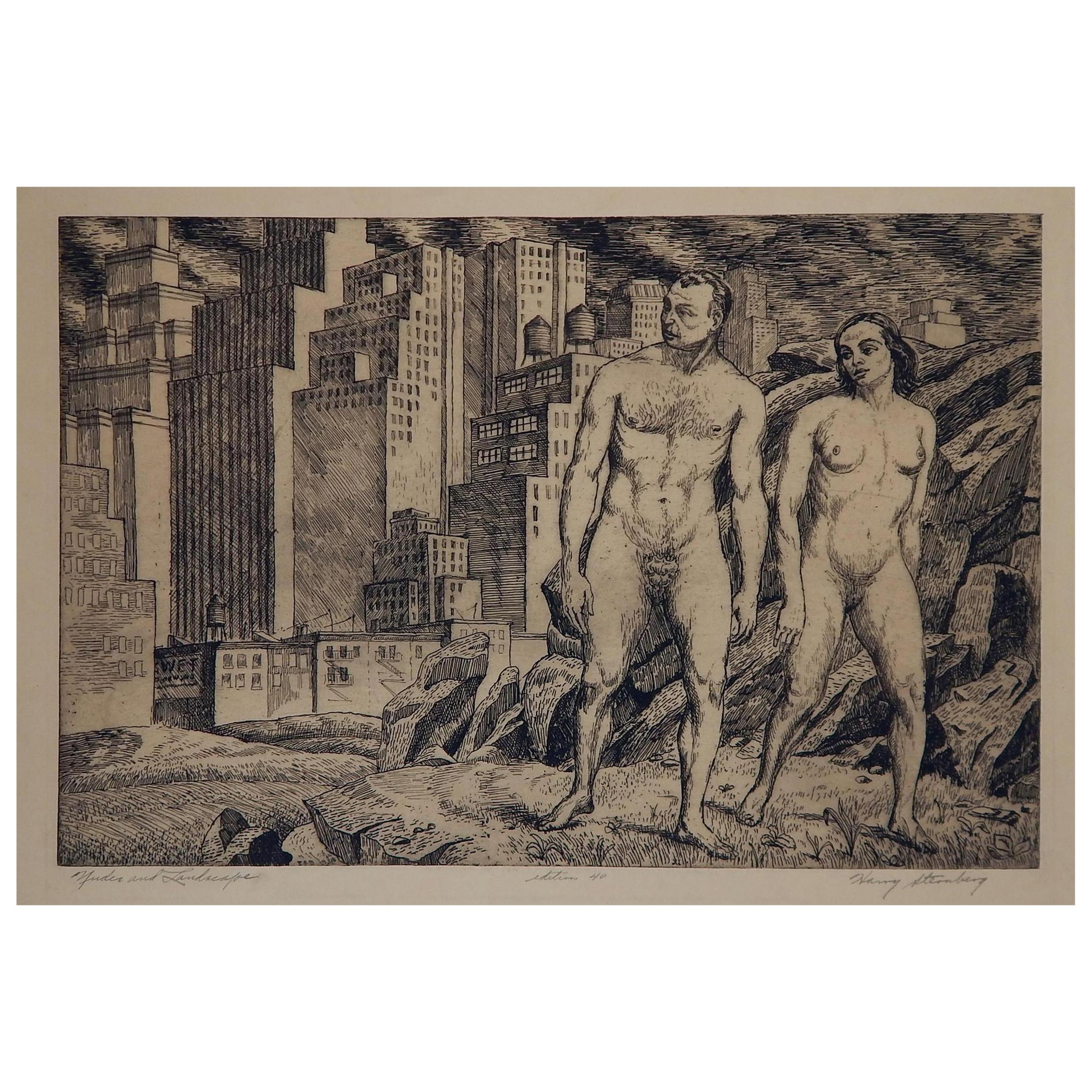 Harry Sternberg Pencil Signed Etching, 1931, New York City “Nudes in Landscape"