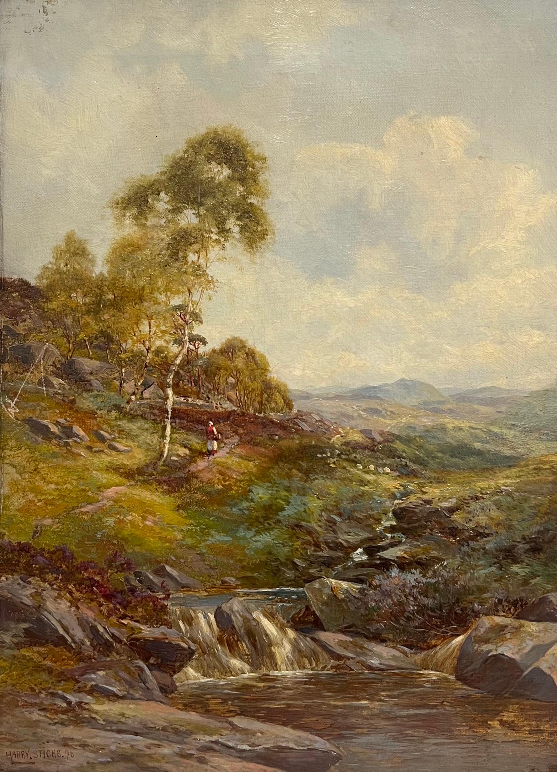 Fine Victorian British Oil Painting 1896 Figure Walking Highland River Pathway - Brown Figurative Painting by Harry Sticks