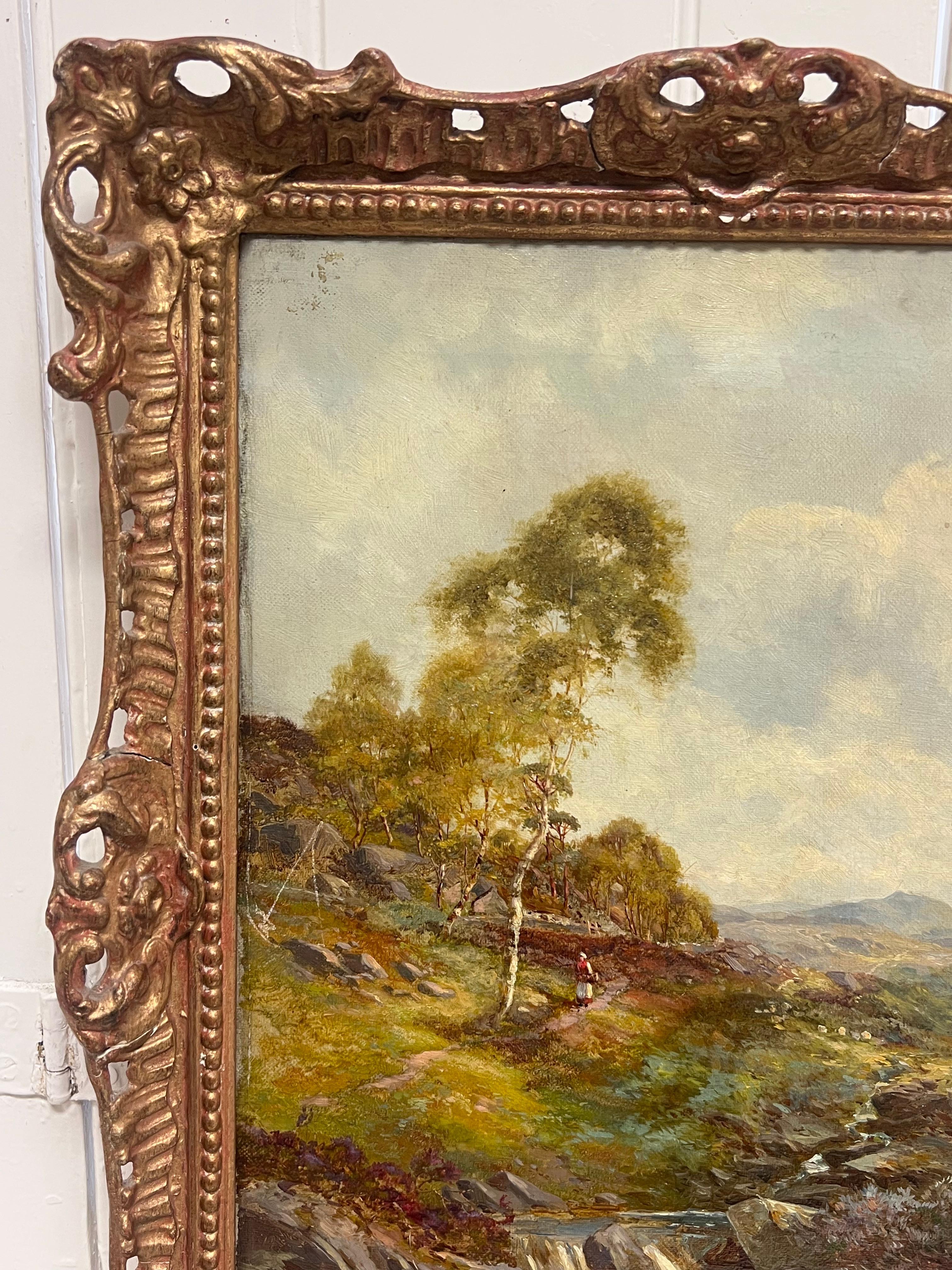 Fine Victorian British Oil Painting 1896 Figure Walking Highland River Pathway For Sale 1