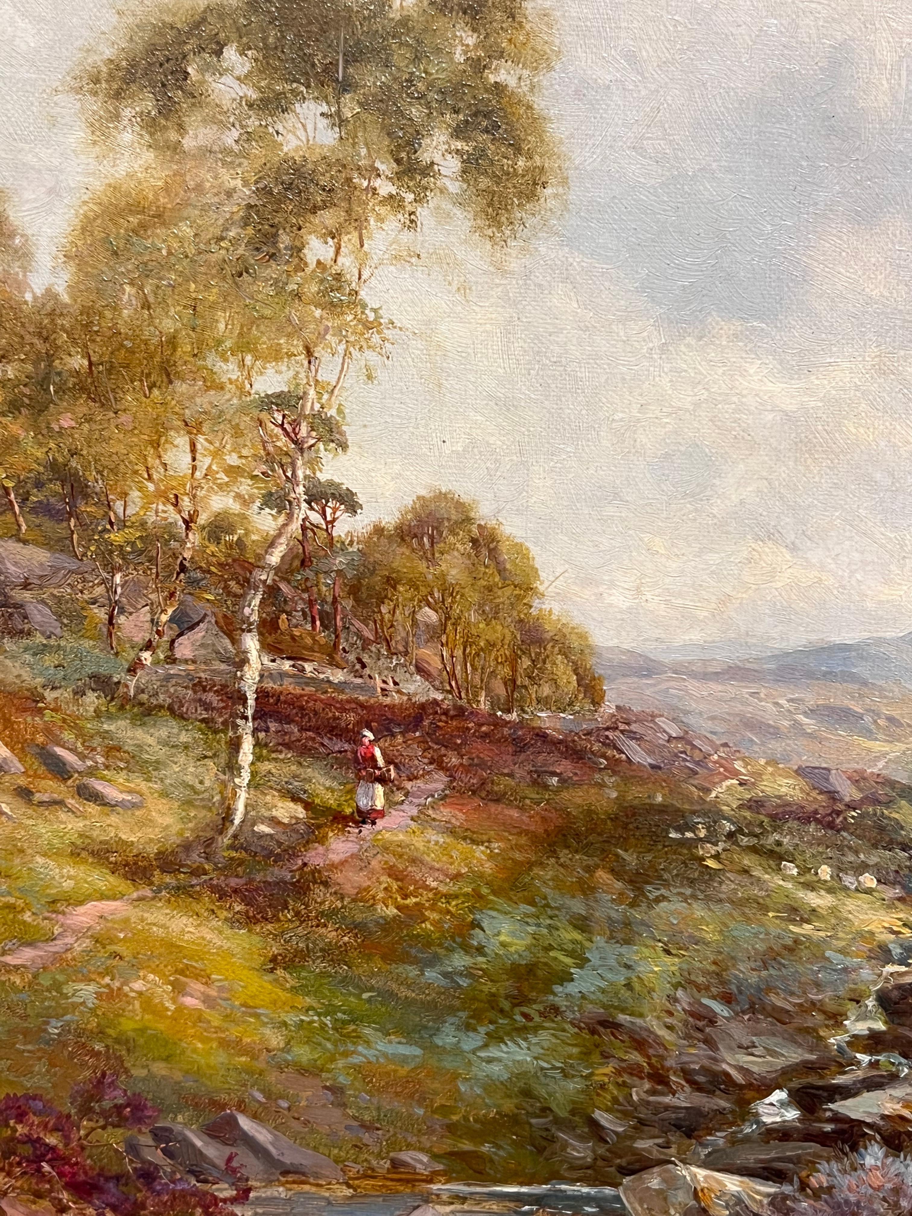 Fine Victorian British Oil Painting 1896 Figure Walking Highland River Pathway For Sale 2