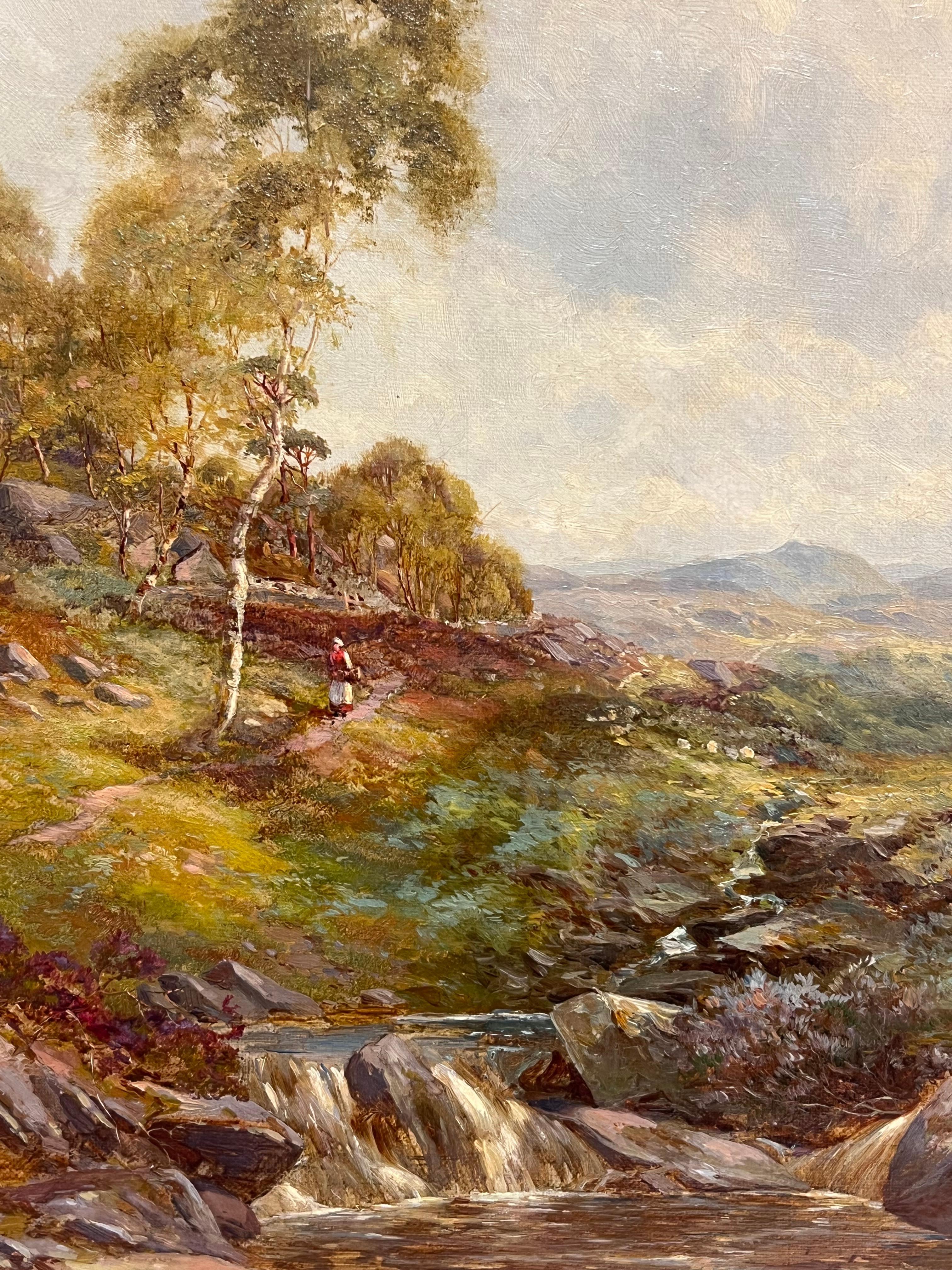 Fine Victorian British Oil Painting 1896 Figure Walking Highland River Pathway For Sale 5