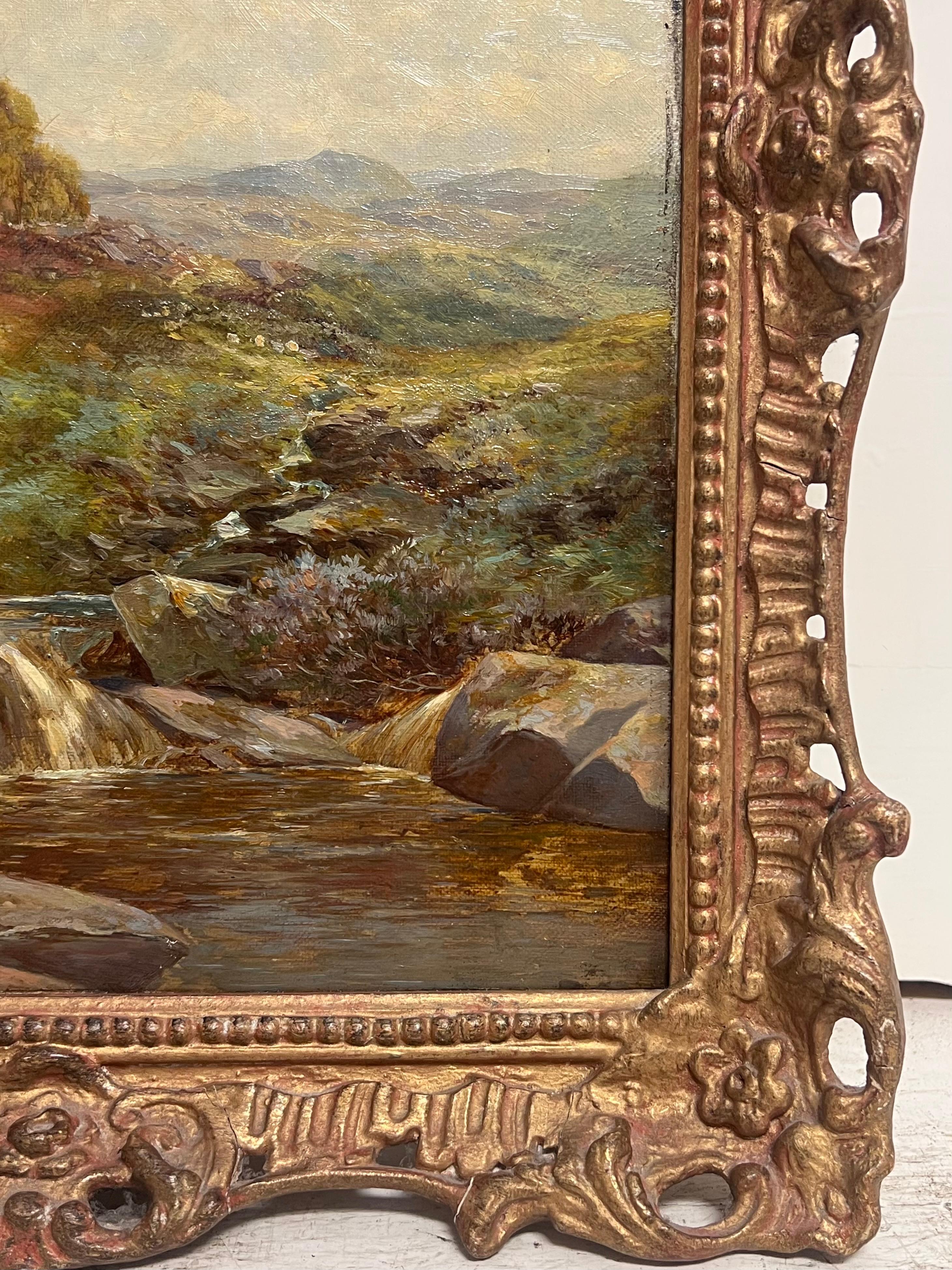 Fine Victorian British Oil Painting 1896 Figure Walking Highland River Pathway For Sale 6