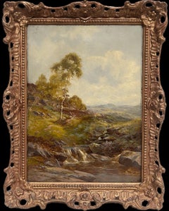 Fine Victorian British Oil Painting 1896 Figure Walking Highland River Pathway