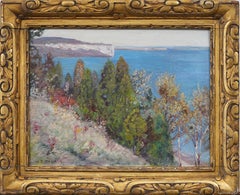 Antique Impressionist Coastal Landscape Wild Flower Nicely Framed Oil Painting