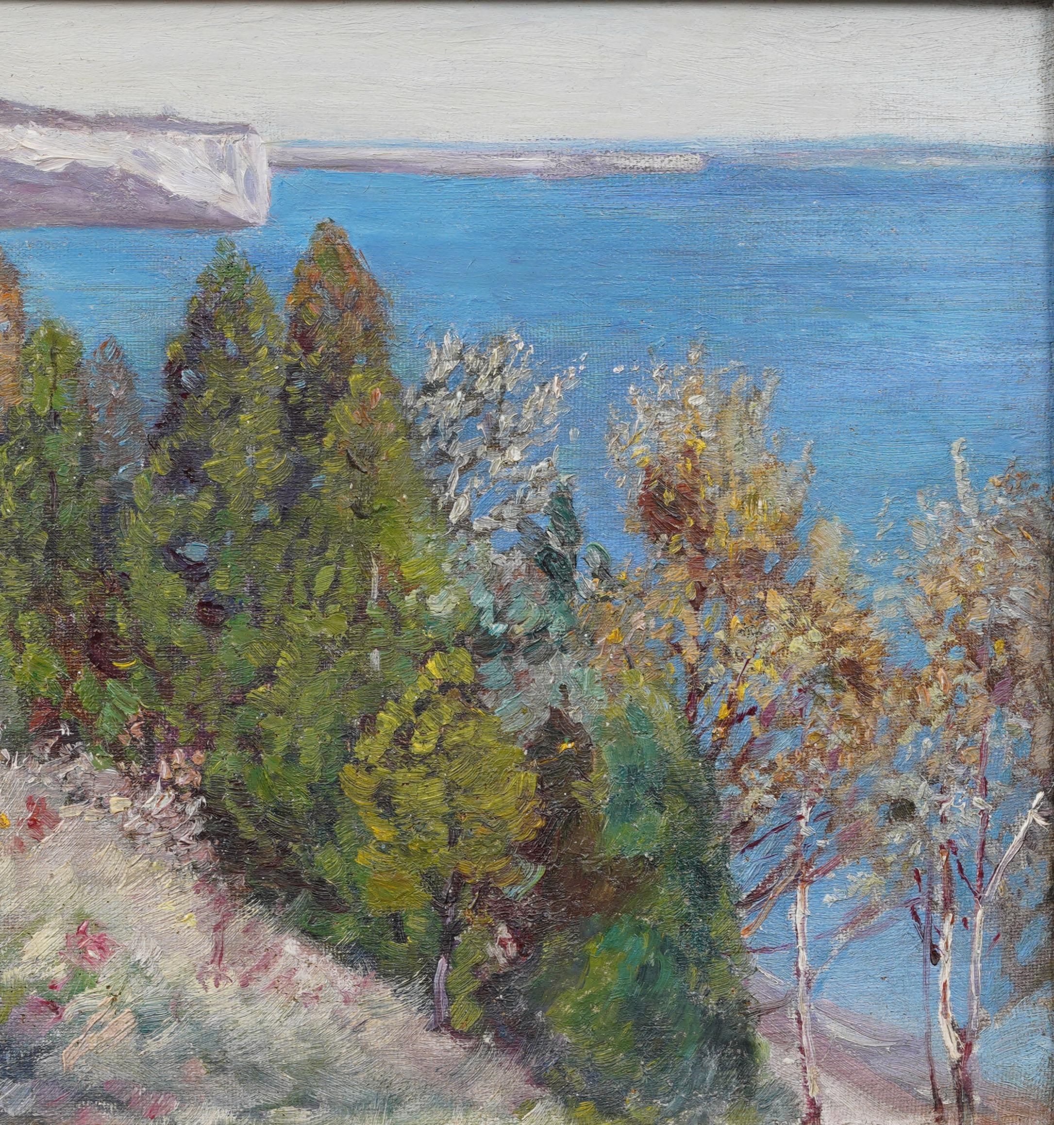 Antique Impressionist Coastal Landscape Wild Flower Nicely Framed Oil Painting For Sale 4