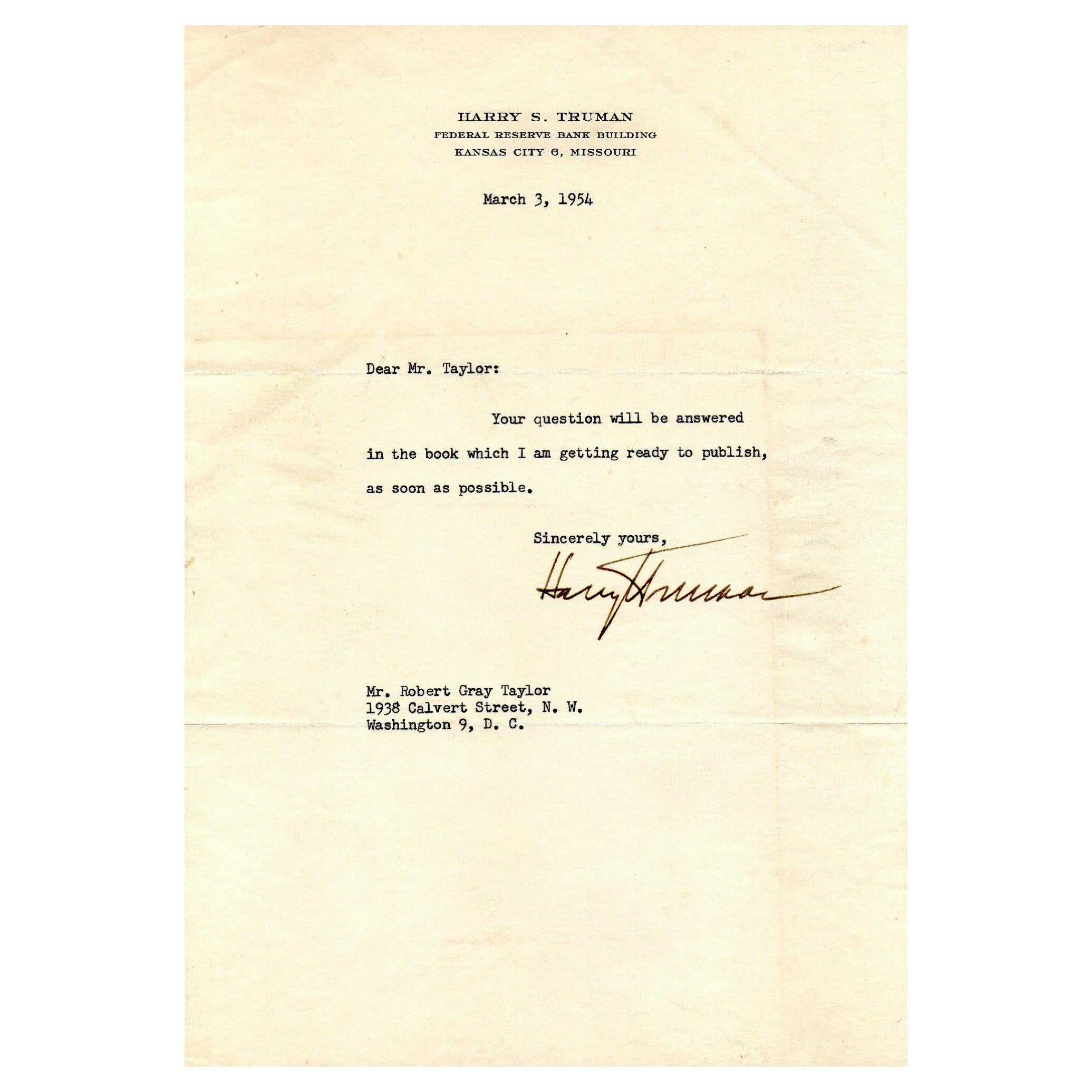 Harry Truman Signed Letter to Robert Gray Taylor, 1954