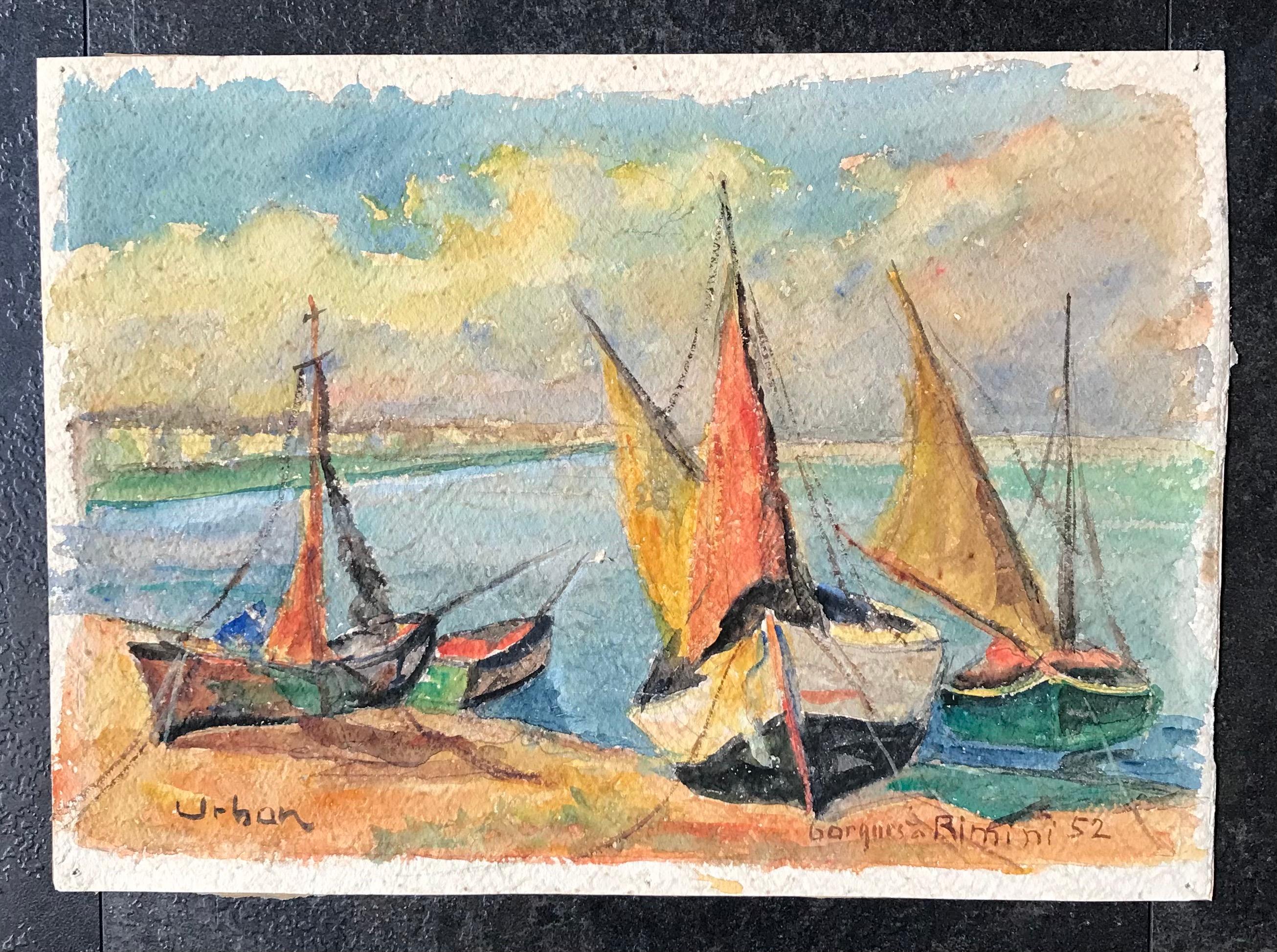 Boats in Rimini, Italy by Harry Urban - Watercolor on paper 35x36 cm For Sale 2