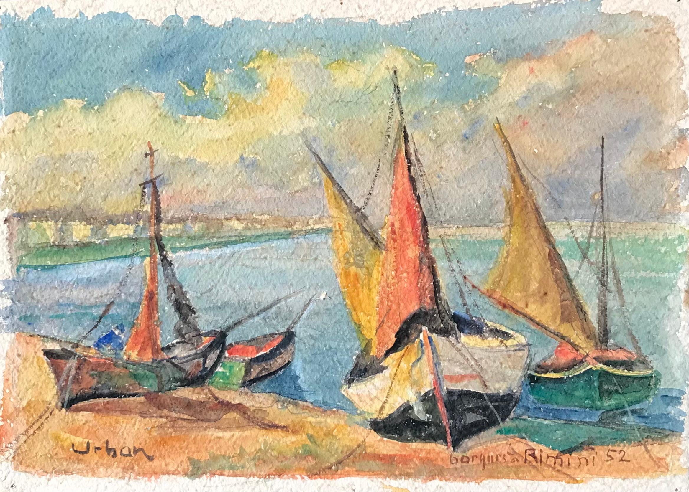 Boats in Rimini, Italien von Harry Urban - Aquarell auf Papier 35x36 cm im Angebot 1