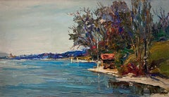 Vintage Shore of Leman Lake by Harry Urban - Oil on wood 32x54 cm