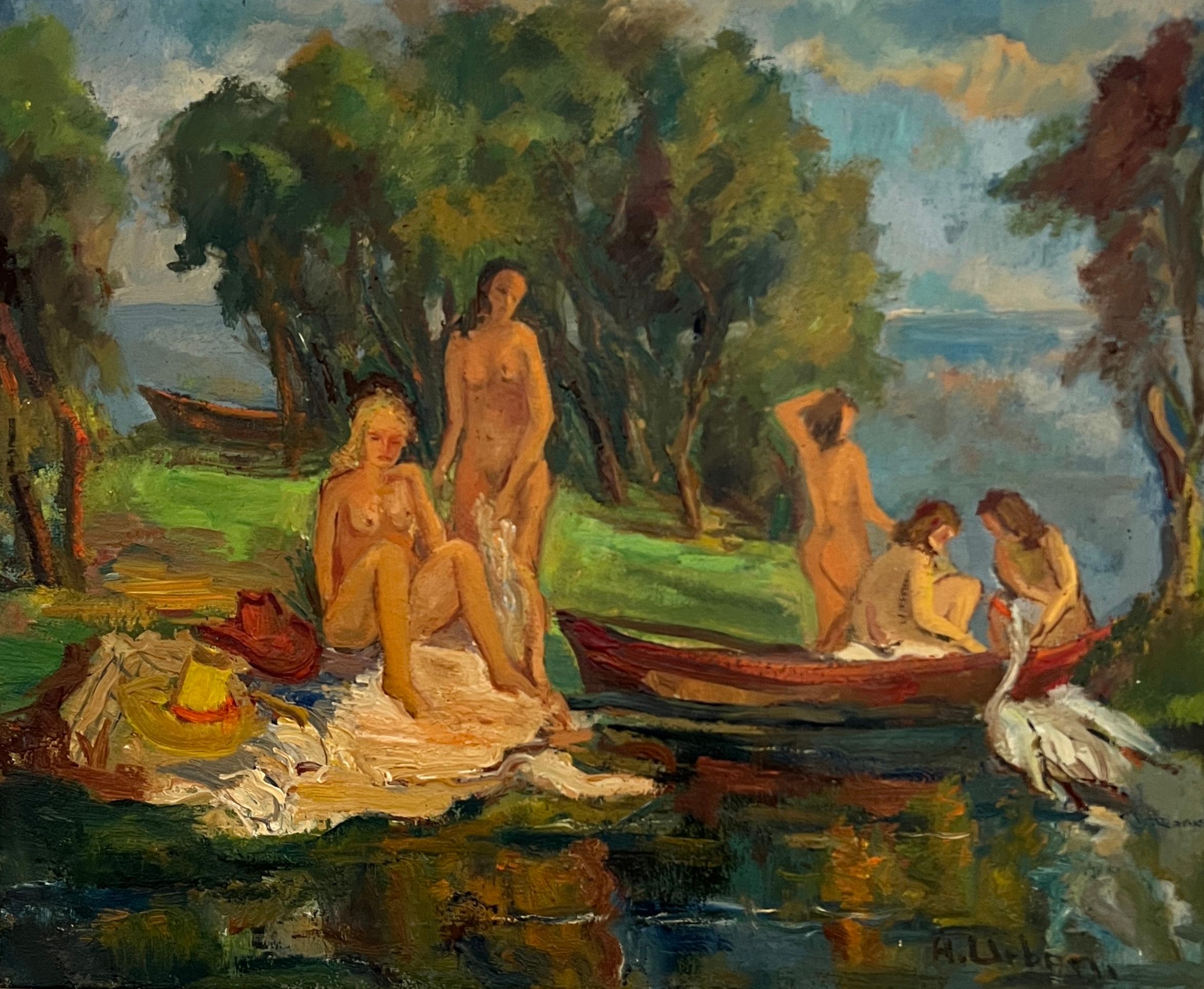 Harry Urban Landscape Painting - The bathers and the swan