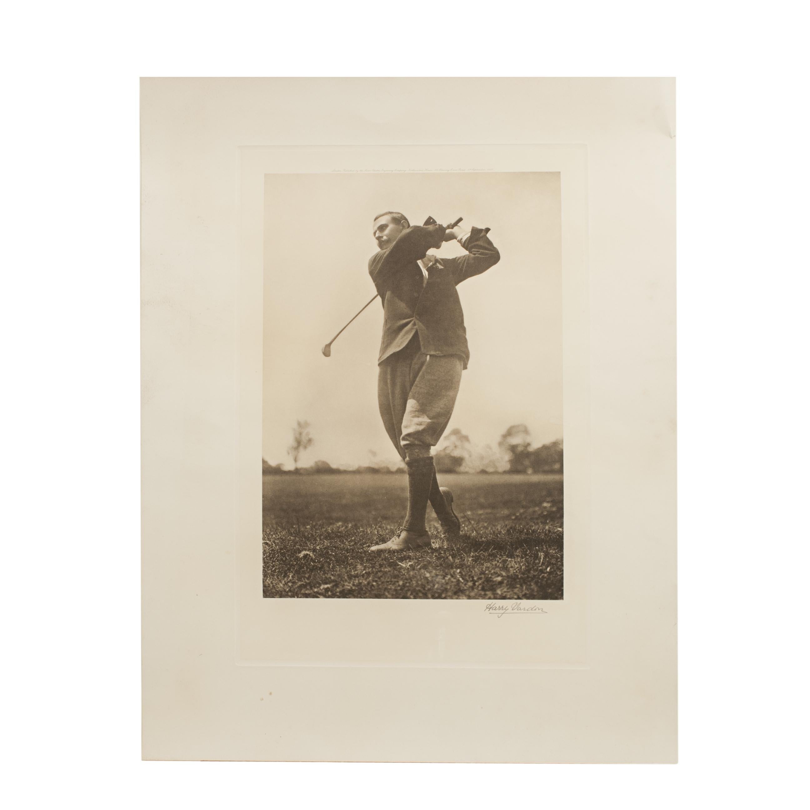 Golf Print, Harry Vardon by Beldam.
A fine golf photogravure of Harry Vardon by George Beldam, signed in pencil by Harry Vardon himself. Published by the Swan Electric Engraving Company, Northumbria House, 116 Charing Cross Road, London, 1st