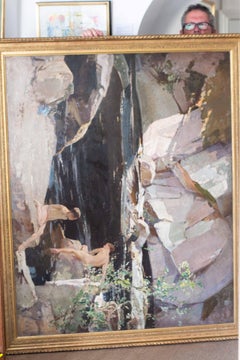 Grande peinture à l'huile britannique du début du 20e siècle représentant des garçons au rockpool