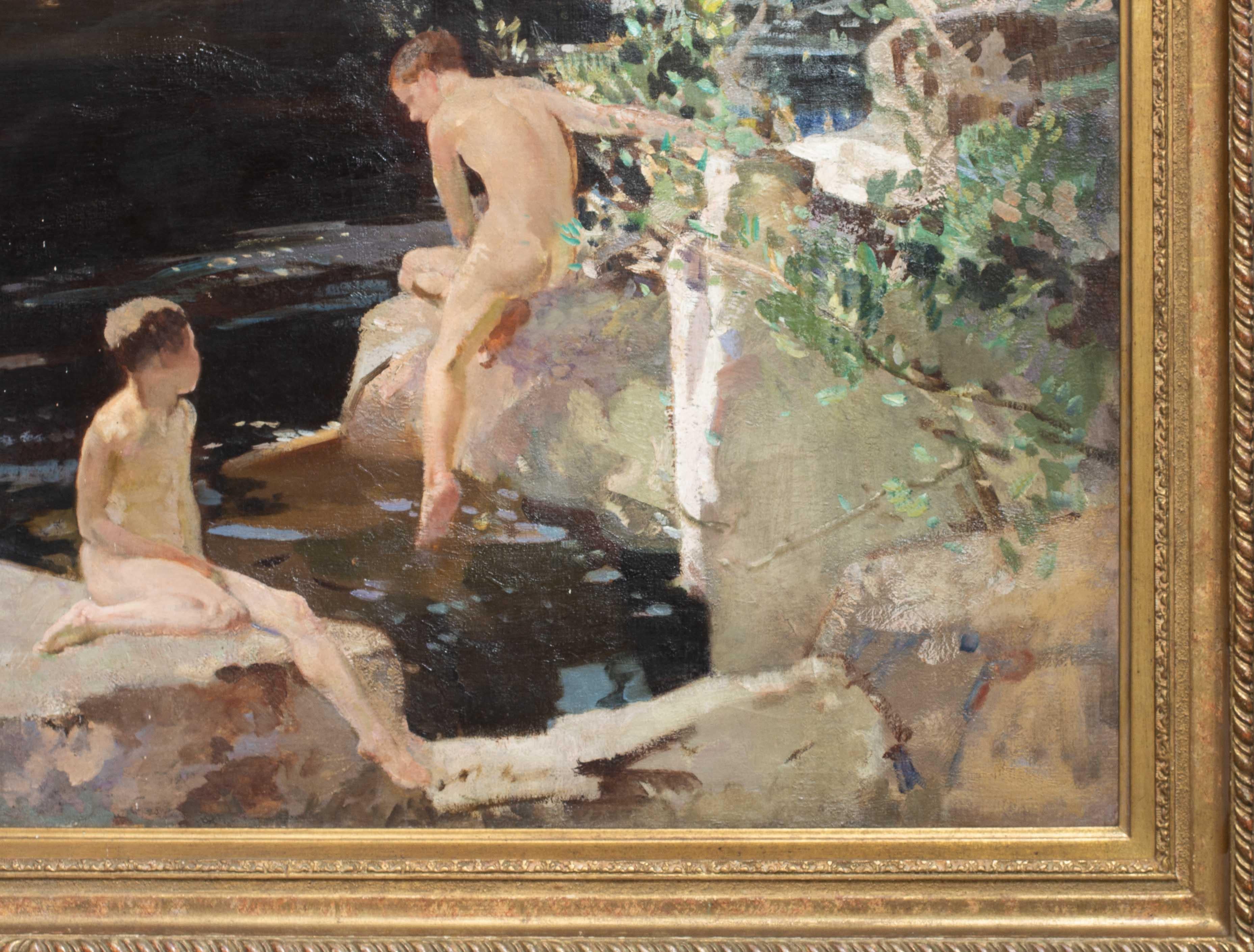 Grande dipinto a olio britannico di fine Novecento raffigurante dei ragazzi alla piscina di roccia - Painting Accademia di Harry Watson RWS ROI