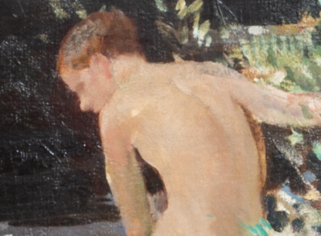Grande dipinto a olio britannico di fine Novecento raffigurante dei ragazzi alla piscina di roccia - Landscape Painting Grigio di Harry Watson RWS ROI