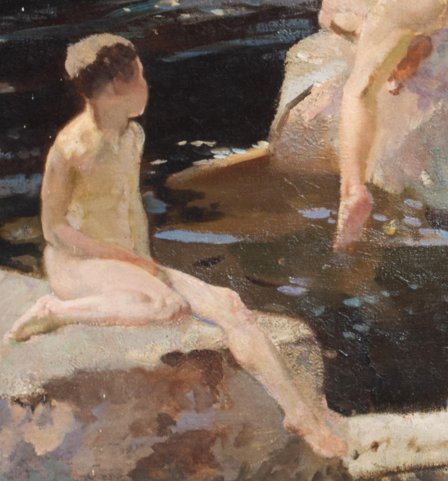 Uno straordinario dipinto a olio in grande scala dell'artista britannico Harry Watson raffigurante  bagnanti in una piscina di roccia.

HARRY WATSON RWS ROI (BRITANNICO, 1871-1936)
BAGNANTI IN UNA PISCINA DI ROCCIA
olio su tela
firmato 'HARRY