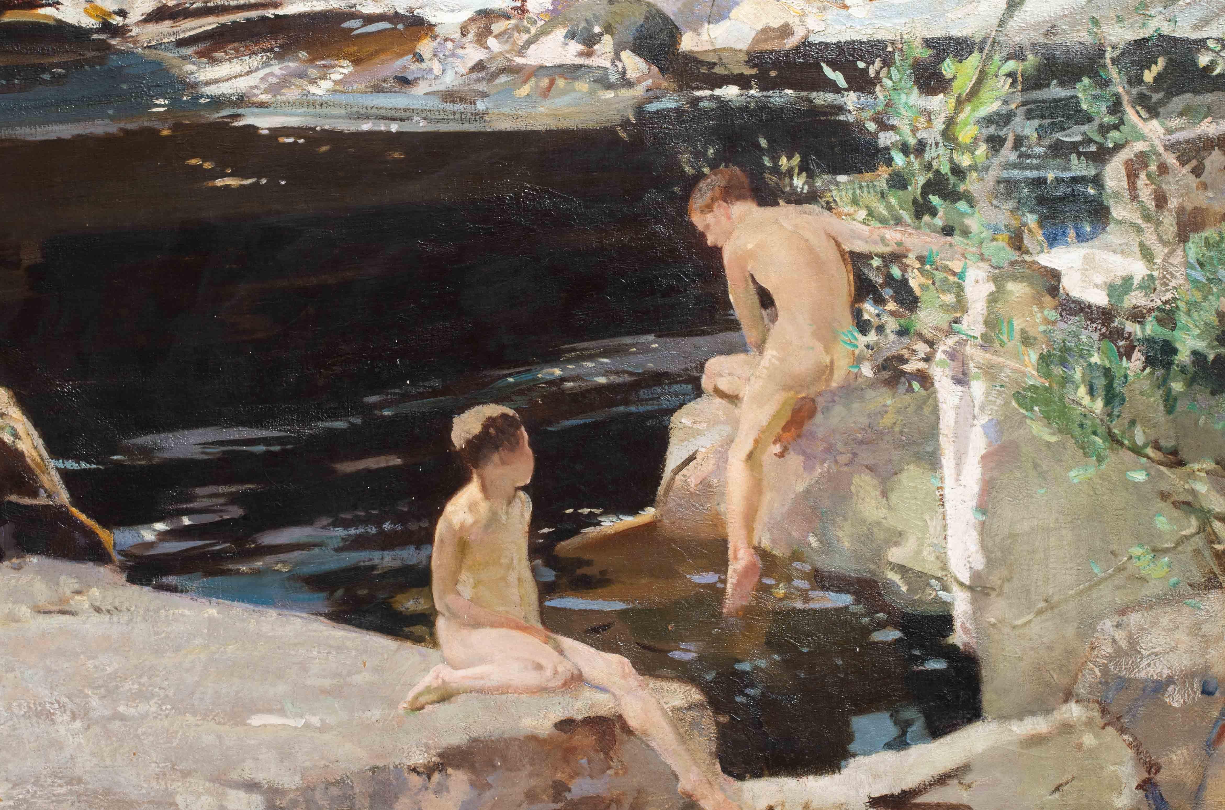 Grande dipinto a olio britannico di fine Novecento raffigurante dei ragazzi alla piscina di roccia in vendita 1