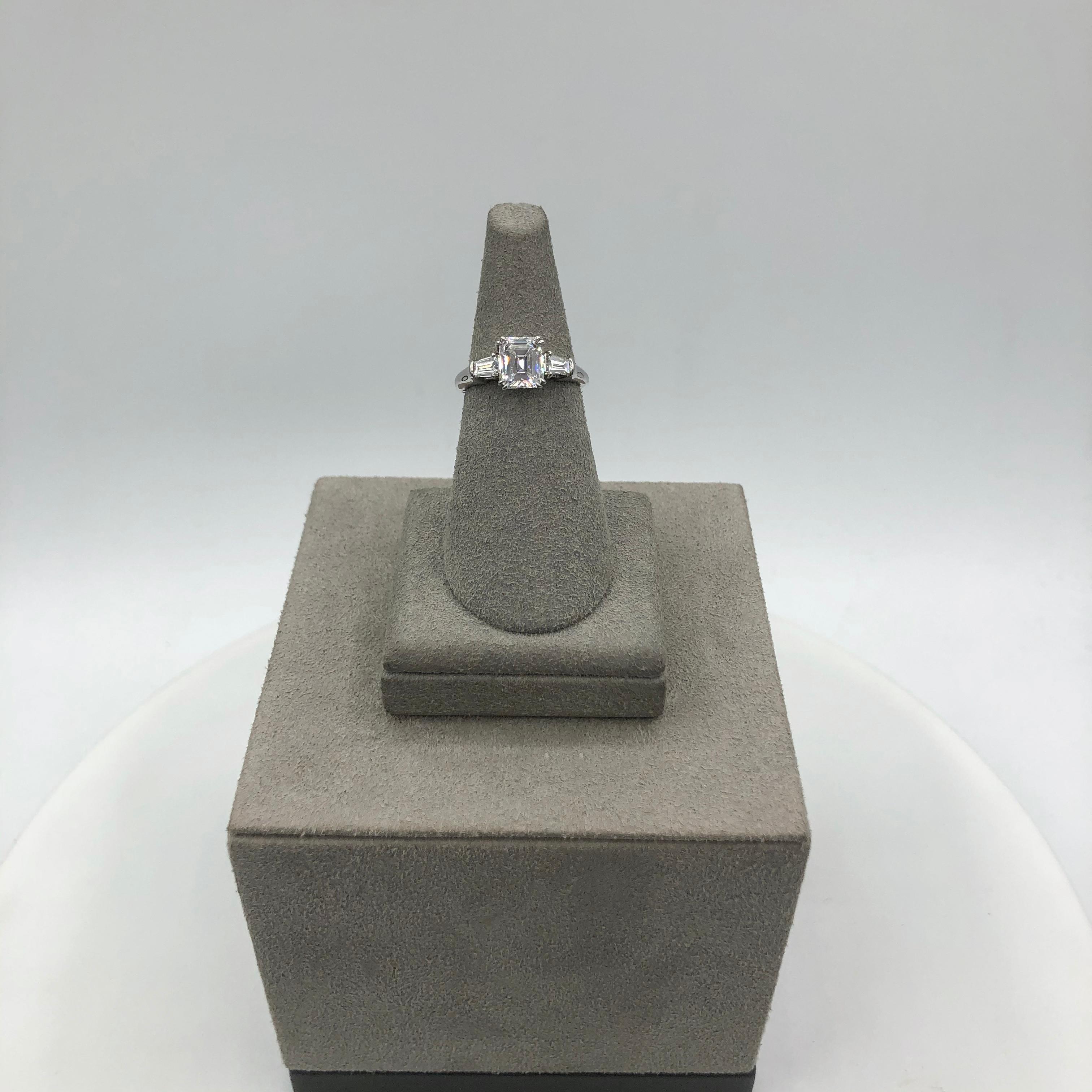 Contemporary Harry Winston 1.11 Carat Emerald Cut Diamond Three-Stone Engagement Ring