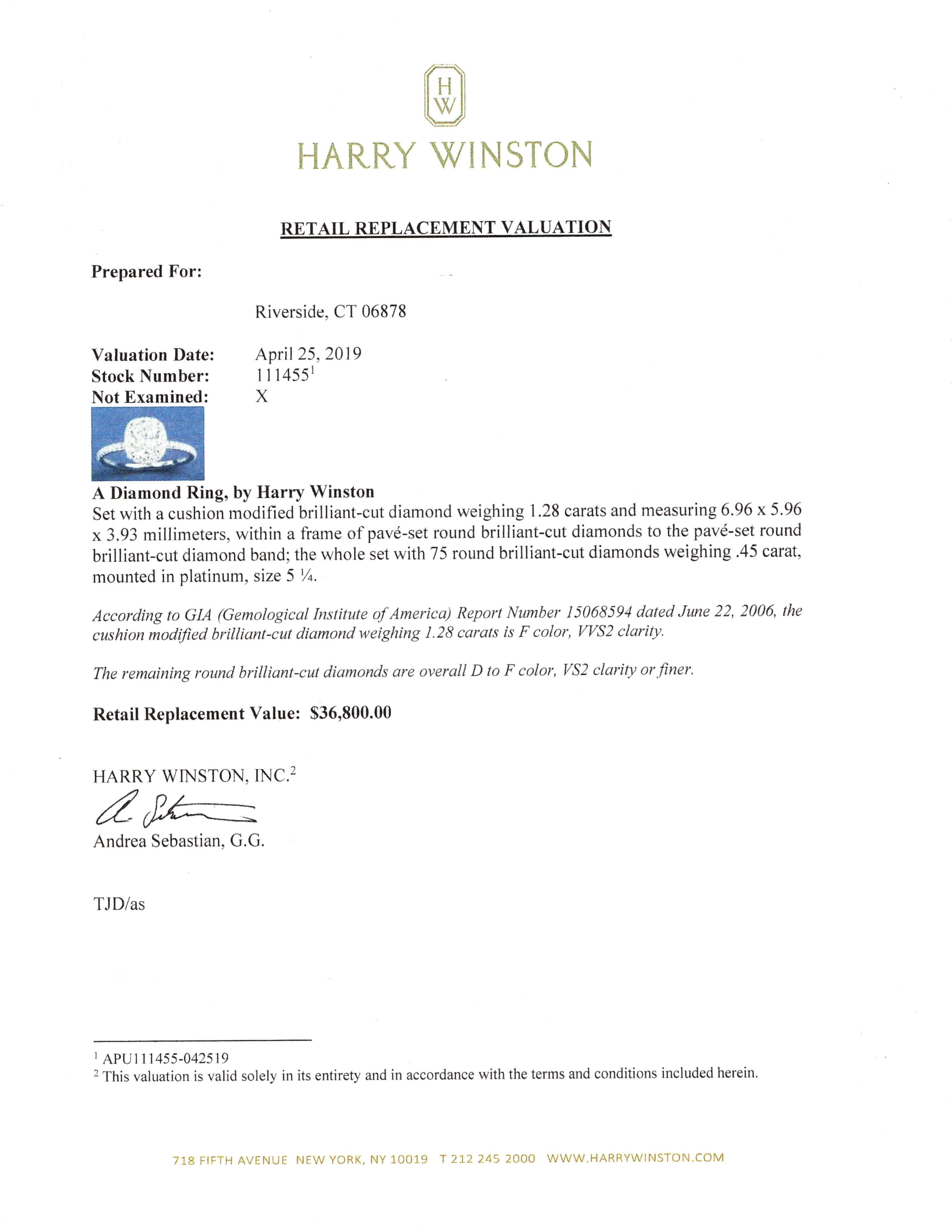 Contemporary Harry Winston 1.28 Carat Cushion Cut Diamond Platinum Engagement Ring