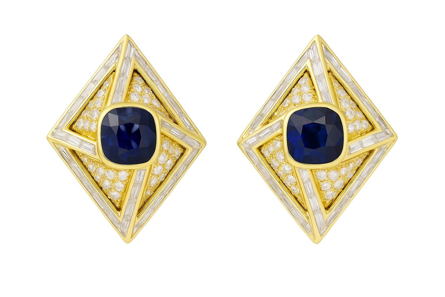 Harry Winston Ohrringe mit 14 Karat Diamanten und Saphiren (Kissenschliff) im Angebot