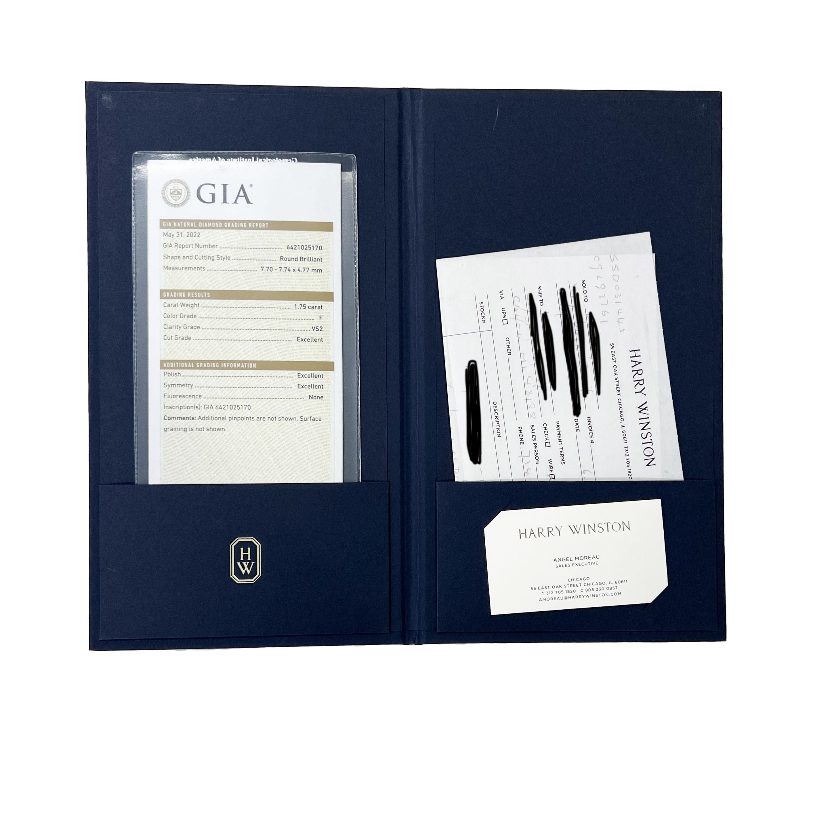 Anello di fidanzamento Harry Winston da 1,75 ct con Brilliante rotondo In condizioni ottime in vendita a New York, NY